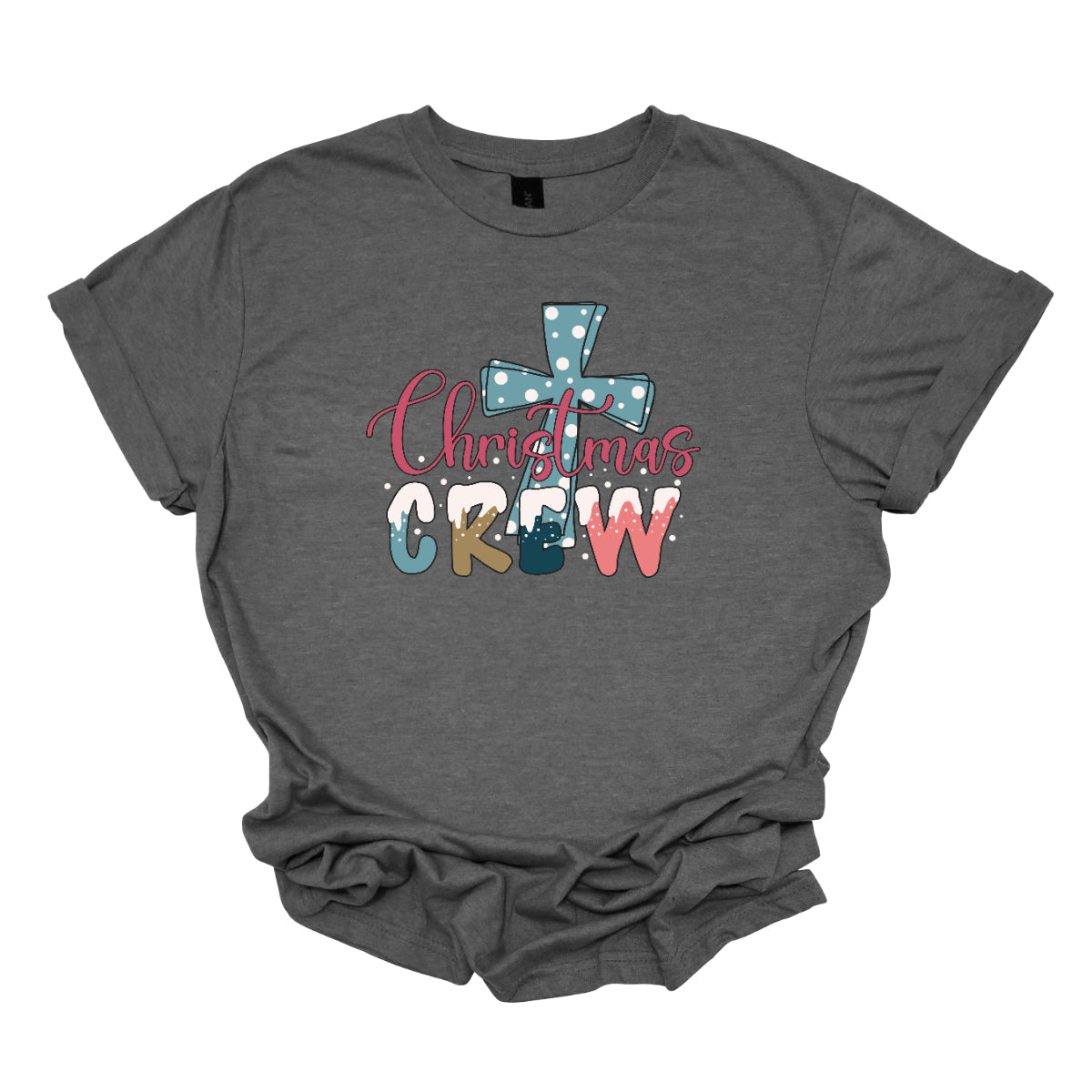 This festive t-shirt features the phrase "Christmas Crew" in a fun, playful font. The letters are adorned with a whimsical snow cap at the top, giving a delightful wintery touch. Behind the text, a bold blue cross serves as a striking backdrop, decorated with cheerful white polka dots that add to the holiday spirit. Shopaorgeousware.com