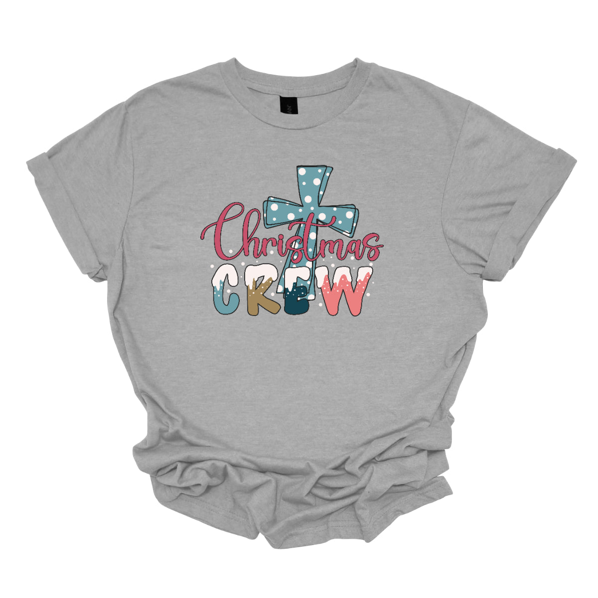 This festive t-shirt features the phrase "Christmas Crew" in a fun, playful font. The letters are adorned with a whimsical snow cap at the top, giving a delightful wintery touch. Behind the text, a bold blue cross serves as a striking backdrop, decorated with cheerful white polka dots that add to the holiday spirit. 