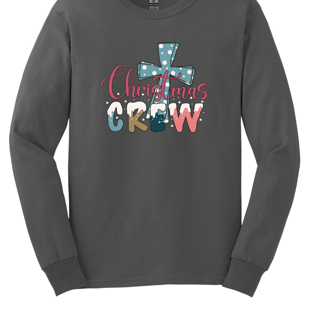 This festive t-shirt features the phrase "Christmas Crew" in a fun, playful font. The letters are adorned with a whimsical snow cap at the top, giving a delightful wintery touch. Behind the text, a bold blue cross serves as a striking backdrop, decorated with cheerful white polka dots that add to the holiday spirit. 