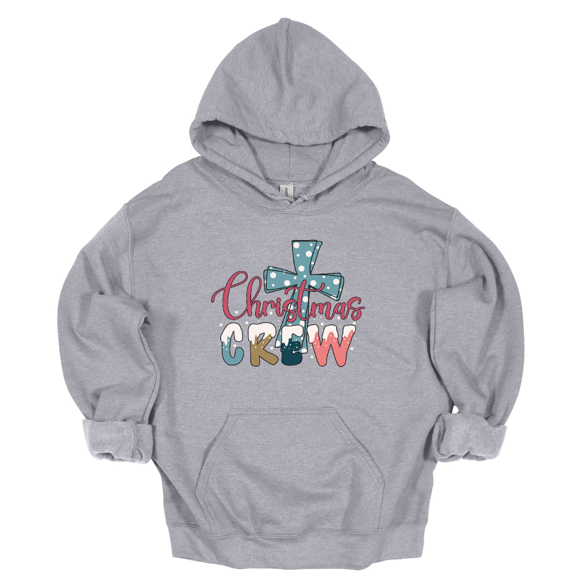 This festive t-shirt features the phrase "Christmas Crew" in a fun, playful font. The letters are adorned with a whimsical snow cap at the top, giving a delightful wintery touch. Behind the text, a bold blue cross serves as a striking backdrop, decorated with cheerful white polka dots that add to the holiday spirit. 