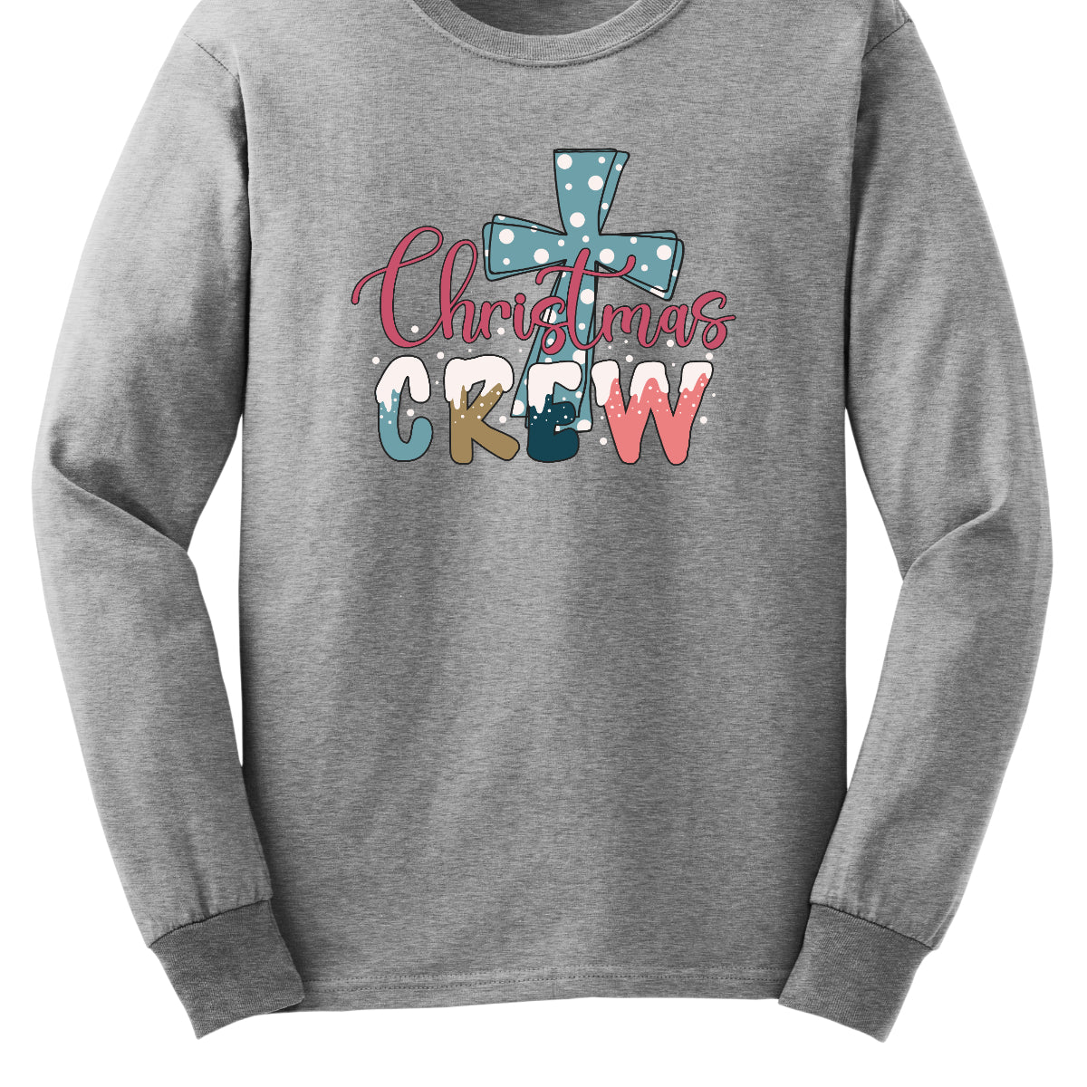 This festive t-shirt features the phrase "Christmas Crew" in a fun, playful font. The letters are adorned with a whimsical snow cap at the top, giving a delightful wintery touch. Behind the text, a bold blue cross serves as a striking backdrop, decorated with cheerful white polka dots that add to the holiday spirit. 