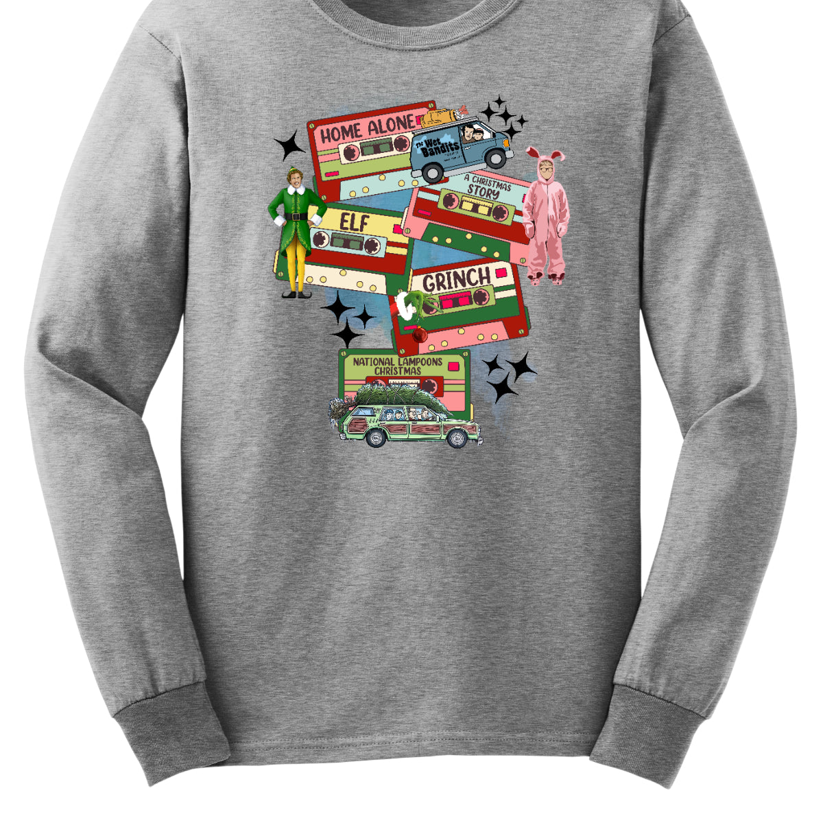 This design t-shirt showcases a nostalgic tribute to classic Christmas movies with a vibrant design featuring beloved characters. Each movie is represented by a unique cartoon illustration Home Alone, A Christmas Story, Elf, The Grinch, and Christmas Vacation. The colorful illustrations are framed by cassette tapes, adding a retro touch that evokes warm memories of holiday movie marathons. Shop Gorgeousware.com