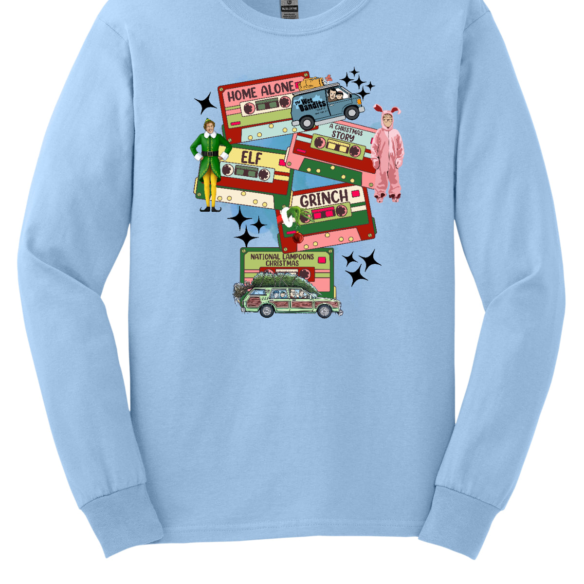 This design t-shirt showcases a nostalgic tribute to classic Christmas movies with a vibrant design featuring beloved characters. Each movie is represented by a unique cartoon illustration Home Alone, A Christmas Story, Elf, The Grinch, and Christmas Vacation. The colorful illustrations are framed by cassette tapes, adding a retro touch that evokes warm memories of holiday movie marathons. Shop Gorgeousware.com