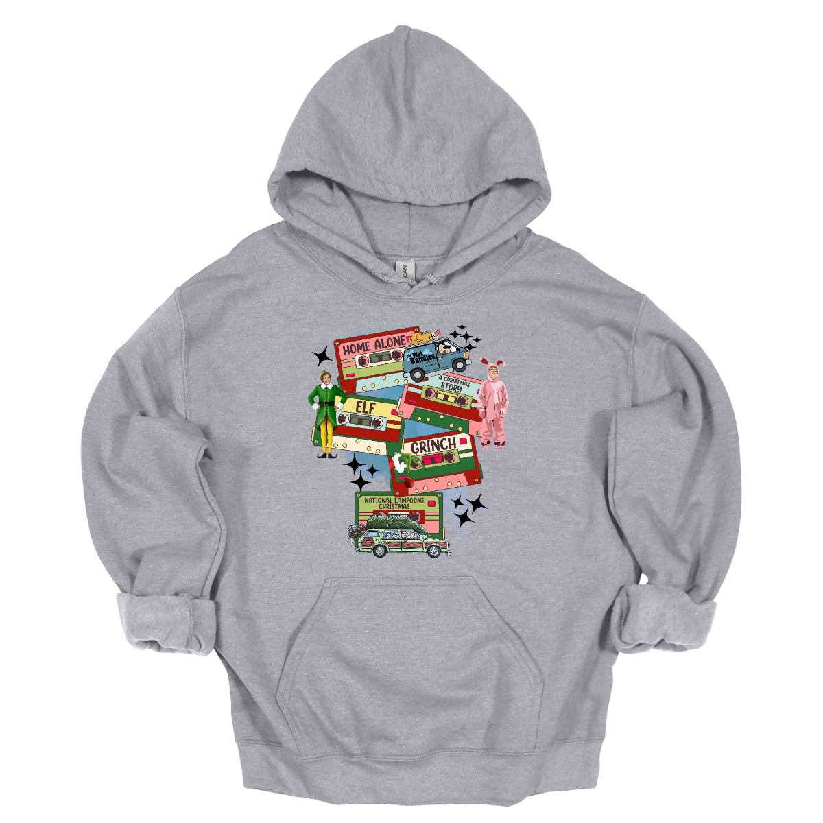 This design t-shirt showcases a nostalgic tribute to classic Christmas movies with a vibrant design featuring beloved characters. Each movie is represented by a unique cartoon illustration Home Alone, A Christmas Story, Elf, The Grinch, and Christmas Vacation. The colorful illustrations are framed by cassette tapes, adding a retro touch that evokes warm memories of holiday movie marathons. Shop Gorgeousware.com