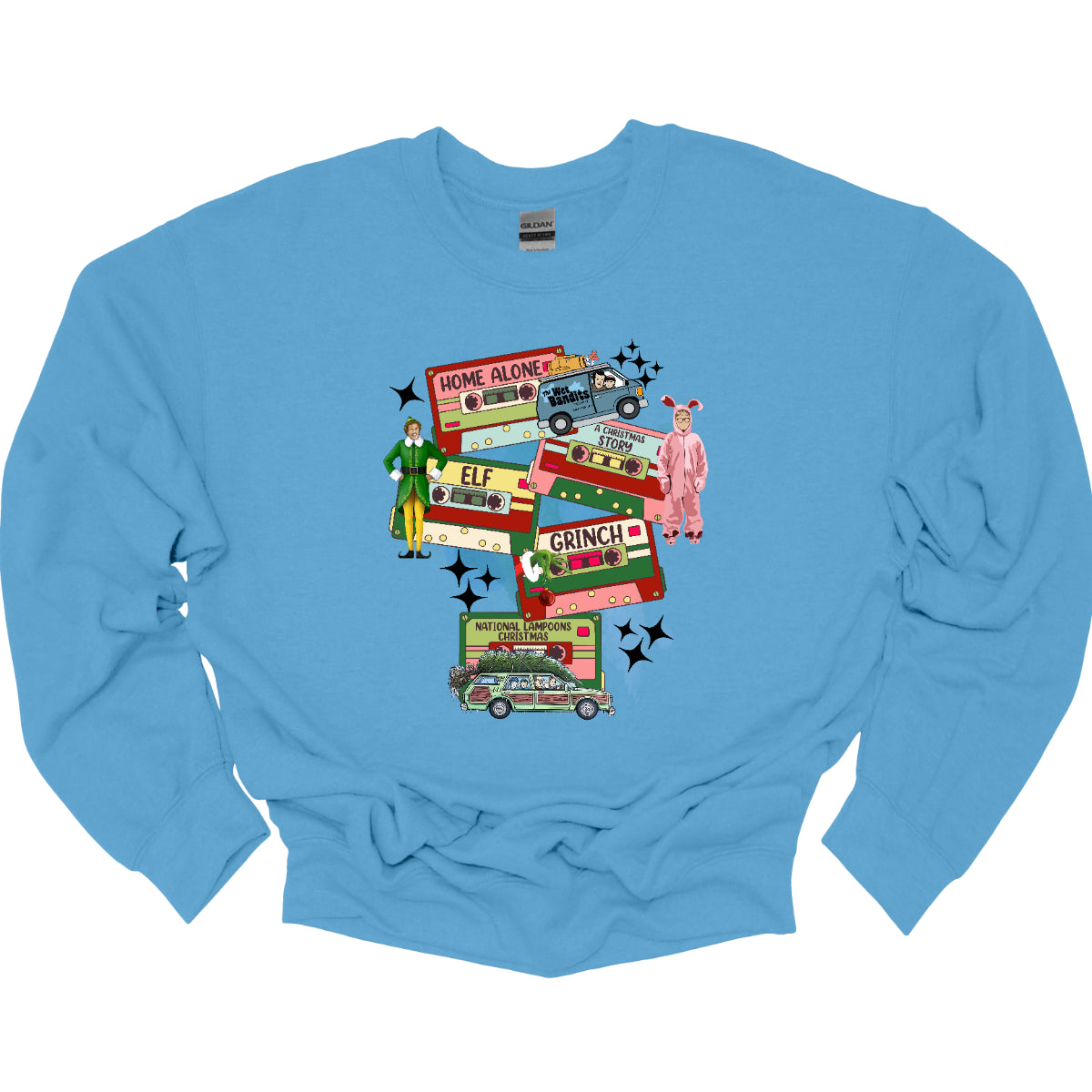 This design t-shirt showcases a nostalgic tribute to classic Christmas movies with a vibrant design featuring beloved characters. Each movie is represented by a unique cartoon illustration Home Alone, A Christmas Story, Elf, The Grinch, and Christmas Vacation. The colorful illustrations are framed by cassette tapes, adding a retro touch that evokes warm memories of holiday movie marathons. Shop Gorgeousware.com