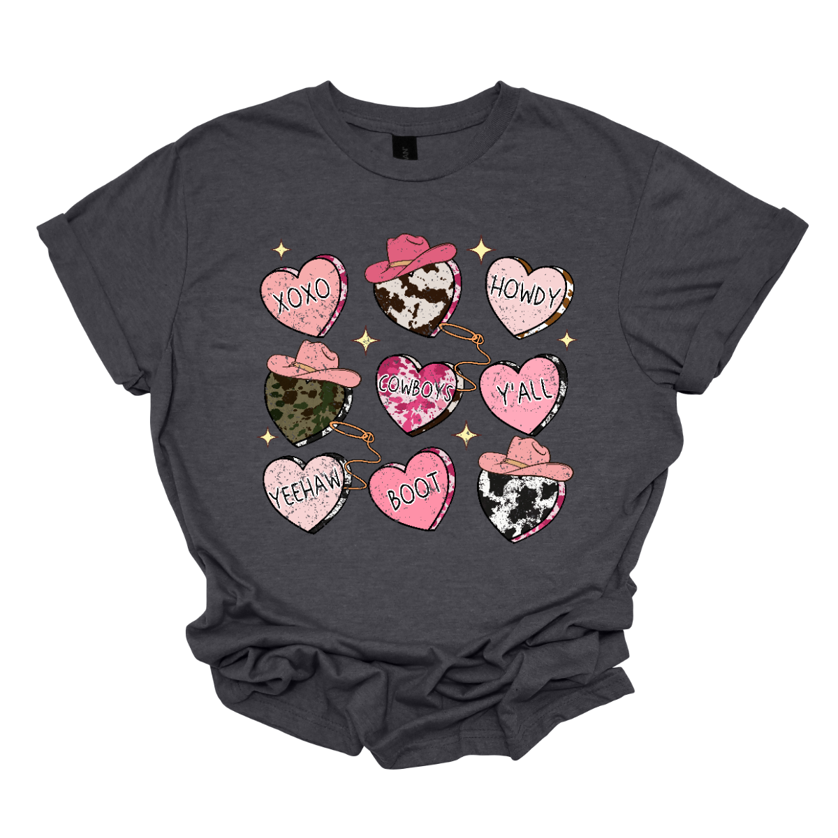 Introducing our "Country Conversation" Valentine's T-shirt – a delightful blend of rustic charm and heartfelt expressions. This shirt features a unique design adorned with hearts that incorporate lassos and cowgirl hats, creating a warm and Western-inspired atmosphere perfect for celebrating love in true country style. The hearts on the shirt are creatively crafted with lassos encircling them, symbolizing the timeless act of roping in affection. Shop at Gorgeousware.com