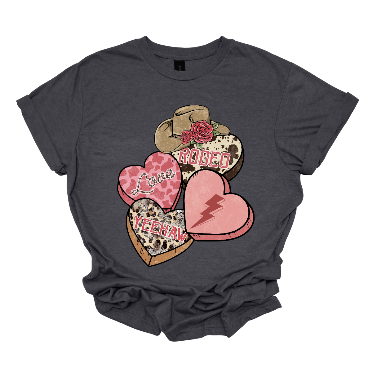 Wear your heart on your sleeve with our "Heartfelt Rodeo Expressions" T-shirt – a charming and energetic garment that beautifully combines the sweetness of conversation hearts with the rugged excitement of the rodeo. Perfect for those who want to express their love for the Western lifestyle with a playful and stylish twist. Shop at Gorgeousware.com