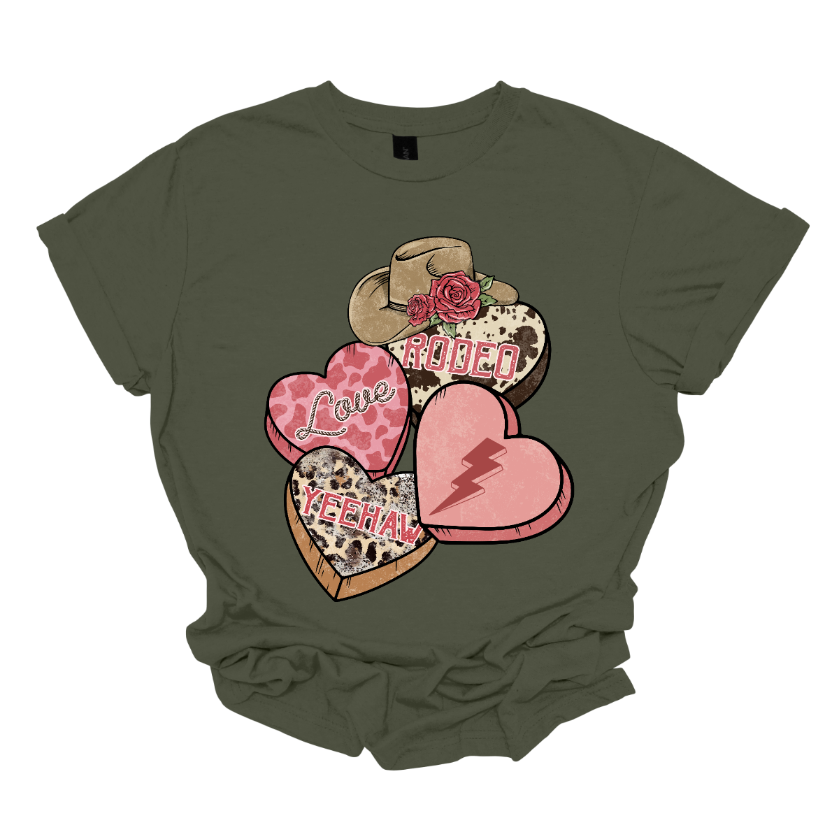 Wear your heart on your sleeve with our "Heartfelt Rodeo Expressions" T-shirt – a charming and energetic garment that beautifully combines the sweetness of conversation hearts with the rugged excitement of the rodeo. Perfect for those who want to express their love for the Western lifestyle with a playful and stylish twist. Shop at Gorgeousware.com