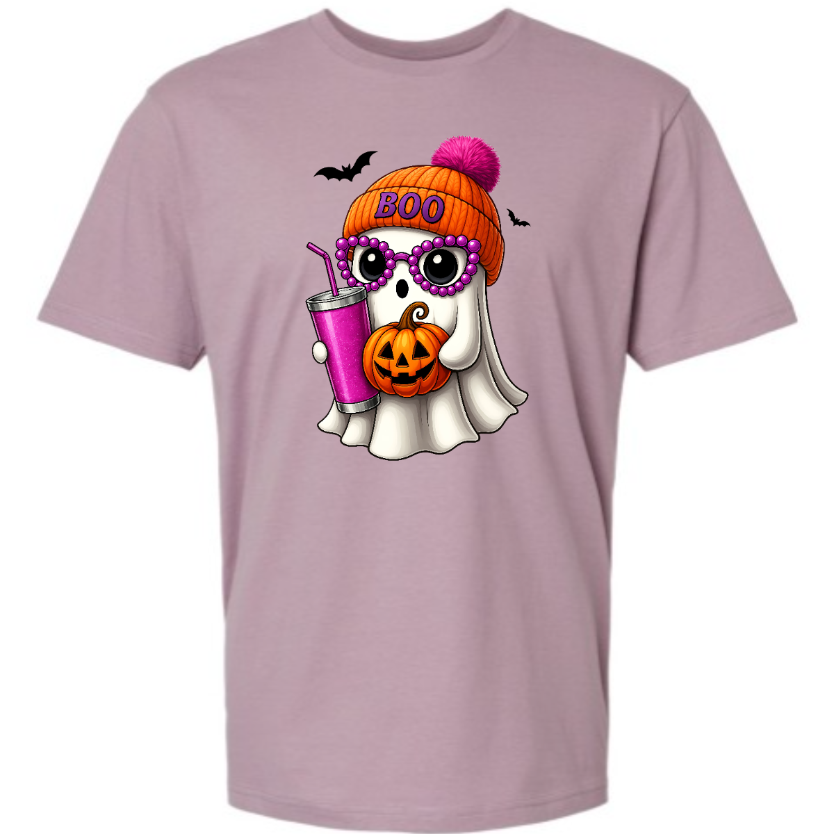 Bring on the spooky-cute vibes with this adorable fall tee! 👻🎃 The design features a sweet little ghost bundled up in an orange sock cap with a pink pom on top. The flipped brim of the hat reads “BOO” for a playful touch. This stylish ghost also sports purple reading glasses, holds a matching purple drink cup, and carries a tiny jack-o’-lantern bucket — ready for all the fall fun! Two little bats flutter in the background to complete the whimsical Halloween scene. Gorgeousware.com