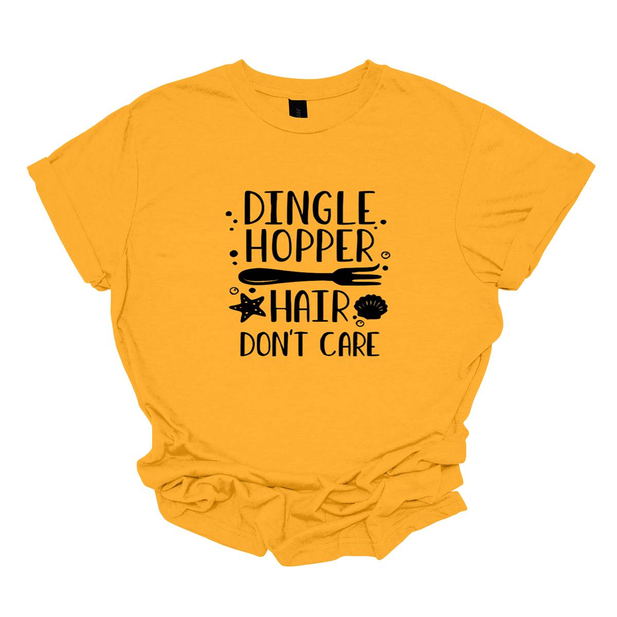 This t-shirt features a whimsical and fun design with the playful phrase "Dingle Hopper Hair Don't Care" prominently displayed. The text is written in a bold, black, and lively font that adds a touch of personality and charm. Shop Gorgeousware.com