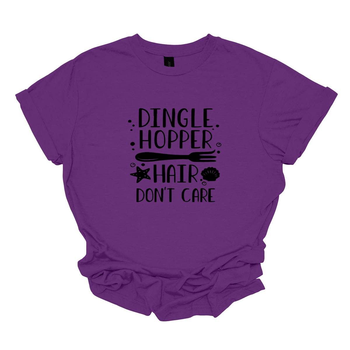 This t-shirt features a whimsical and fun design with the playful phrase "Dingle Hopper Hair Don't Care" prominently displayed. The text is written in a bold, black, and lively font that adds a touch of personality and charm. Shop Gorgeousware.com