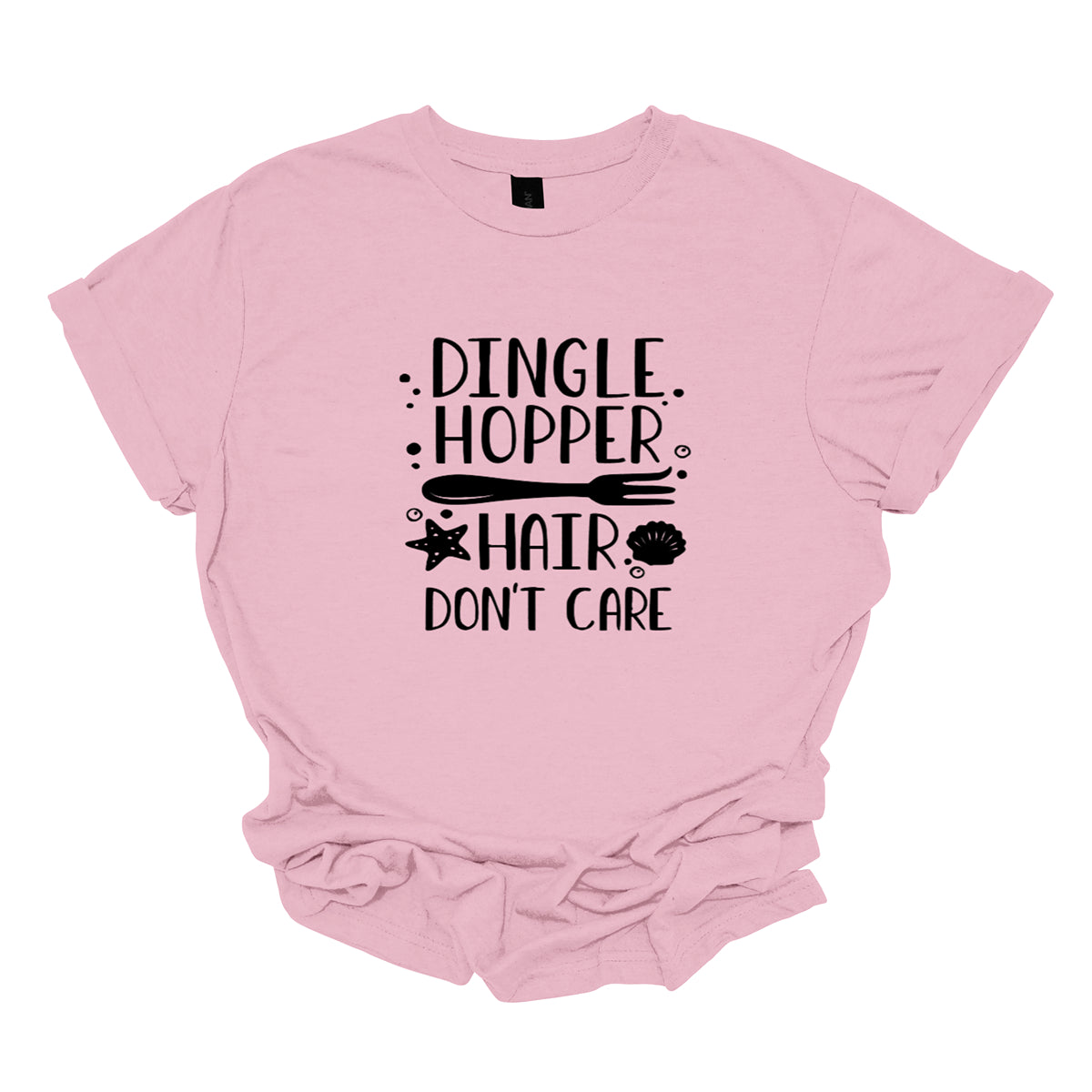 This t-shirt features a whimsical and fun design with the playful phrase "Dingle Hopper Hair Don't Care" prominently displayed. The text is written in a bold, black, and lively font that adds a touch of personality and charm. Shop Gorgeousware.com