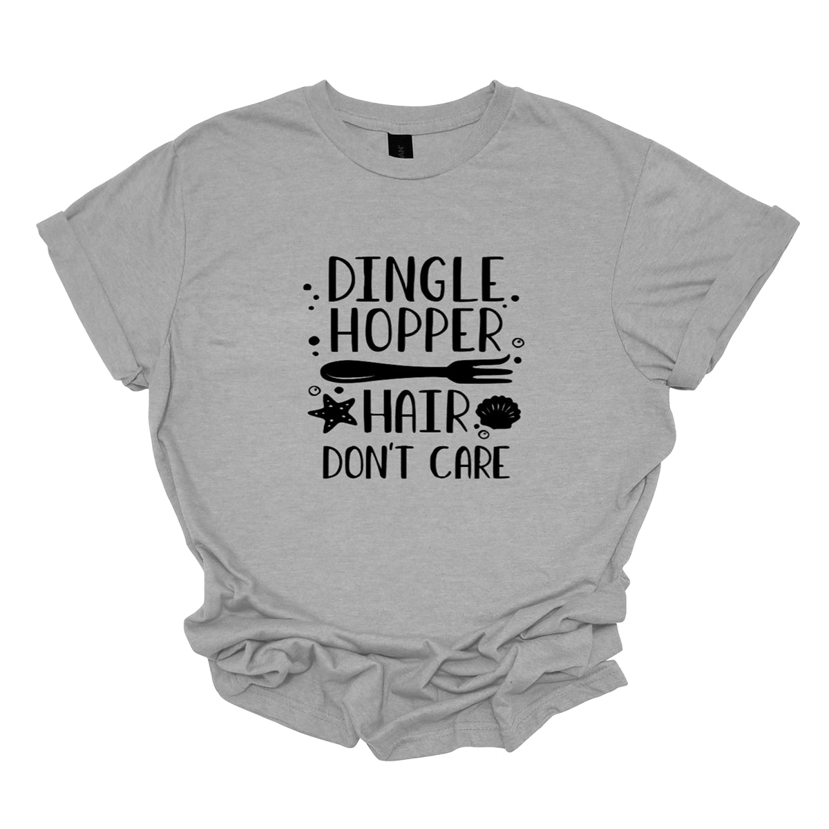 This t-shirt features a whimsical and fun design with the playful phrase "Dingle Hopper Hair Don't Care" prominently displayed. The text is written in a bold, black, and lively font that adds a touch of personality and charm. Shop Gorgeousware.com