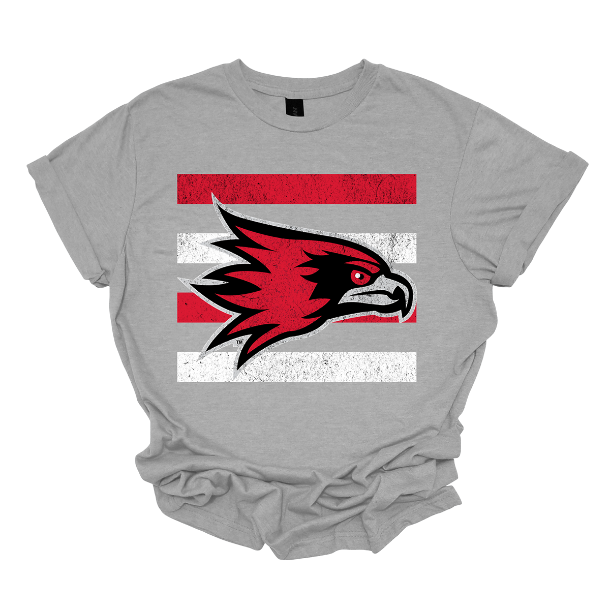 The shirt design features a bold and striking graphic of the SEMO Redhawk mascot, which takes center stage in the composition. The Redhawk is rendered in large, dynamic proportions, commanding attention with its fierce and powerful depiction. It is placed prominently against a backdrop of alternating horizontal bars, each separated by a thin space. The bars are layered in a staggered pattern, giving the entire design a worn-in, vintage aesthetic. Shop at Gorgeousware.com