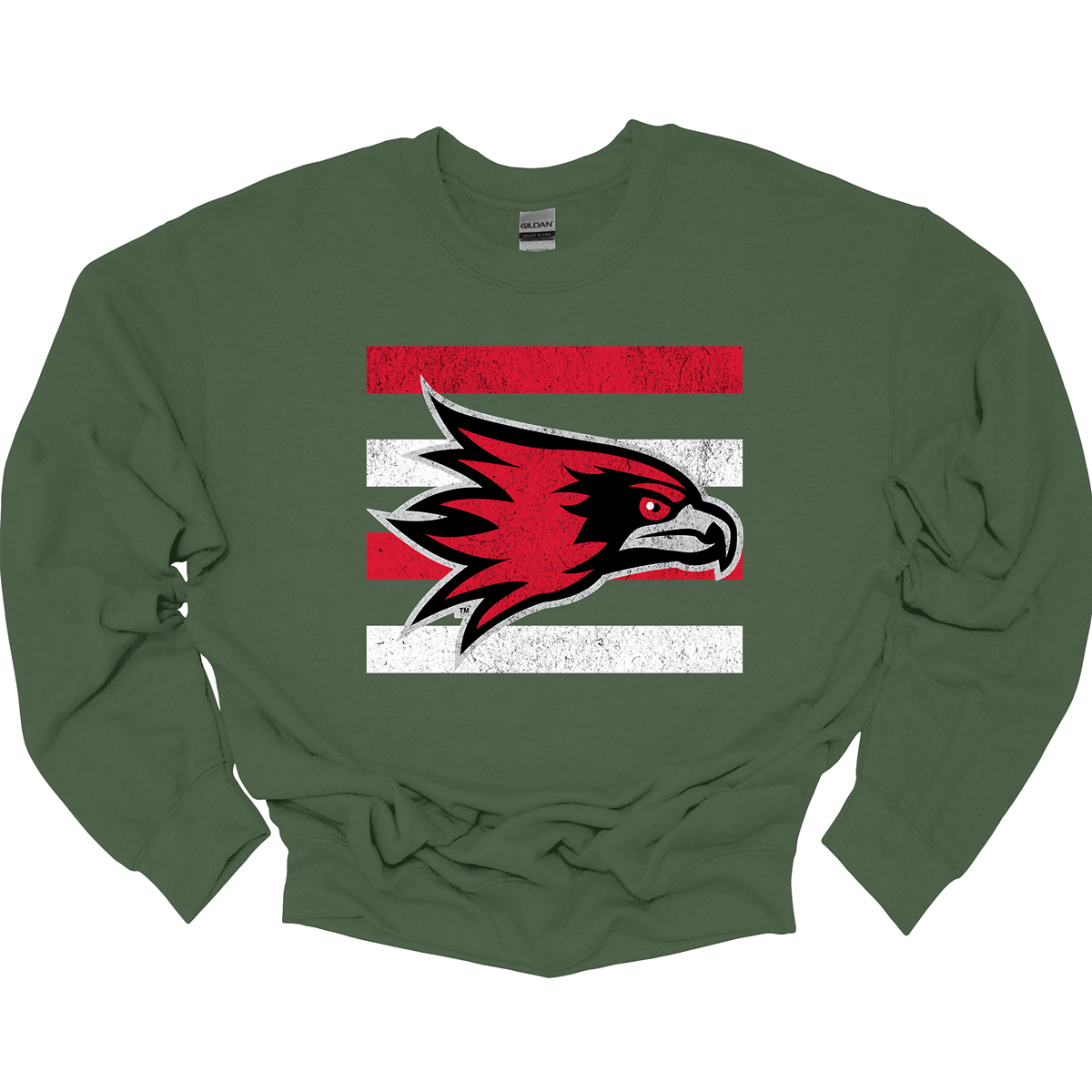 The shirt design features a bold and striking graphic of the SEMO Redhawk mascot, which takes center stage in the composition. The Redhawk is rendered in large, dynamic proportions, commanding attention with its fierce and powerful depiction. It is placed prominently against a backdrop of alternating horizontal bars, each separated by a thin space. The bars are layered in a staggered pattern, giving the entire design a worn-in, vintage aesthetic. Shop at Gorgeousware.com