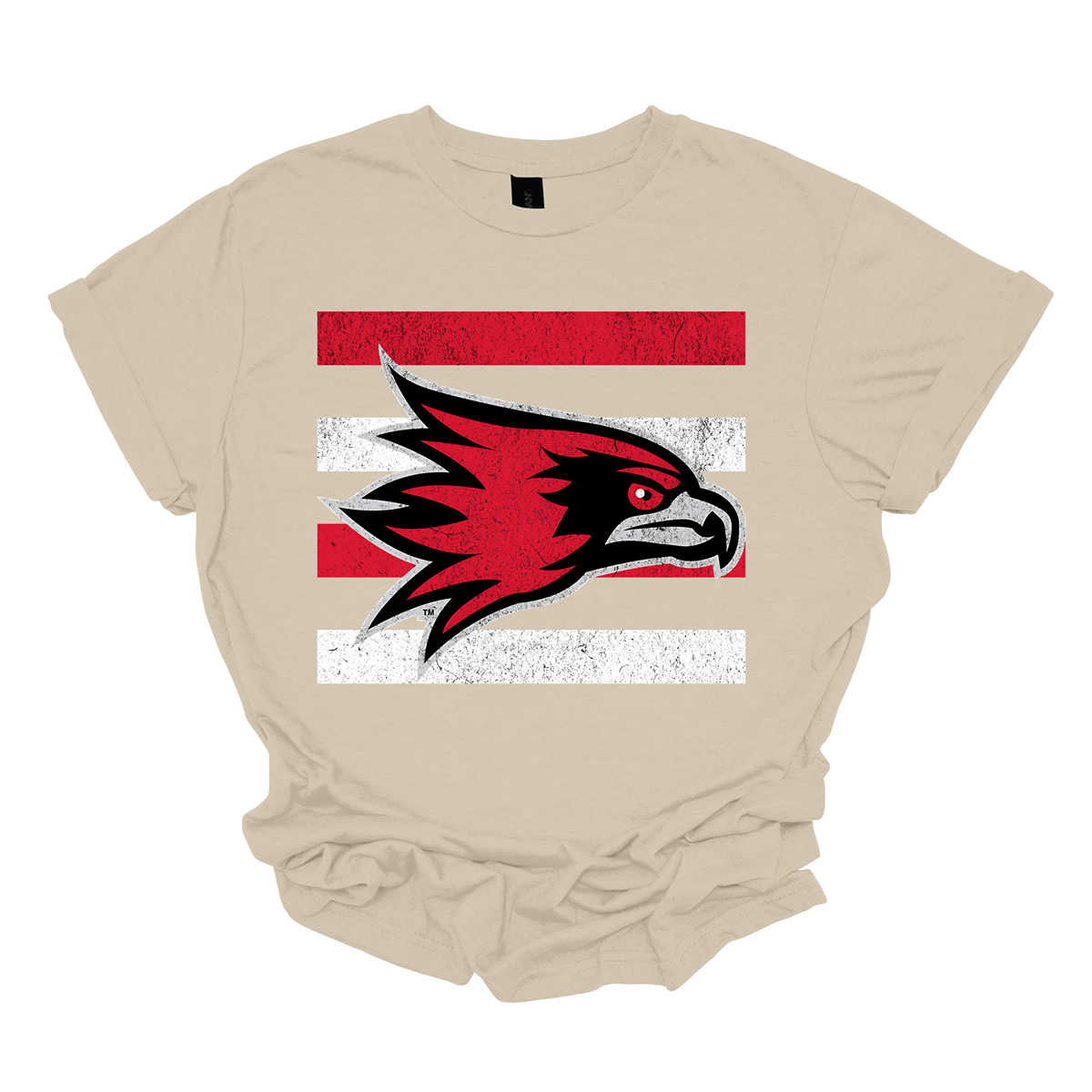 The shirt design features a bold and striking graphic of the SEMO Redhawk mascot, which takes center stage in the composition. The Redhawk is rendered in large, dynamic proportions, commanding attention with its fierce and powerful depiction. It is placed prominently against a backdrop of alternating horizontal bars, each separated by a thin space. The bars are layered in a staggered pattern, giving the entire design a worn-in, vintage aesthetic. Shop at Gorgeousware.com