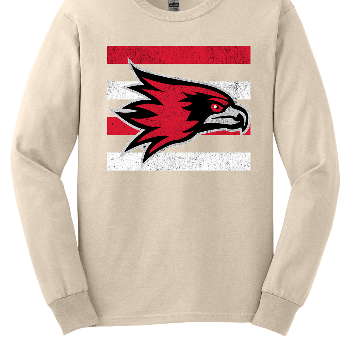 The shirt design features a bold and striking graphic of the SEMO Redhawk mascot, which takes center stage in the composition. The Redhawk is rendered in large, dynamic proportions, commanding attention with its fierce and powerful depiction. It is placed prominently against a backdrop of alternating horizontal bars, each separated by a thin space. The bars are layered in a staggered pattern, giving the entire design a worn-in, vintage aesthetic. Shop at Gorgeousware.com