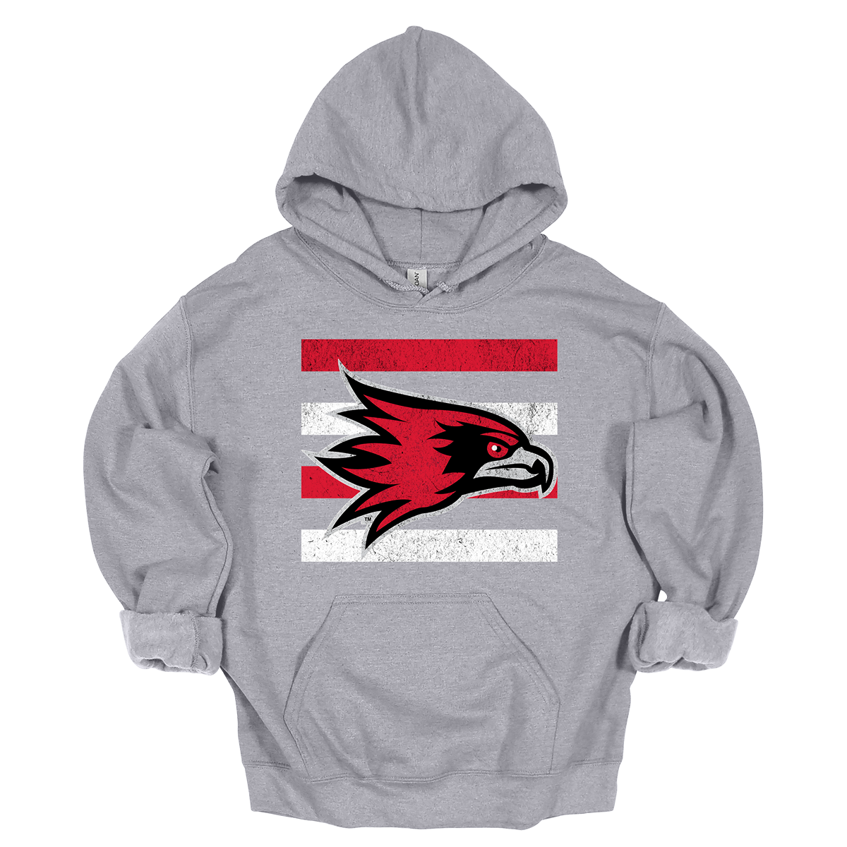 The shirt design features a bold and striking graphic of the SEMO Redhawk mascot, which takes center stage in the composition. The Redhawk is rendered in large, dynamic proportions, commanding attention with its fierce and powerful depiction. It is placed prominently against a backdrop of alternating horizontal bars, each separated by a thin space. The bars are layered in a staggered pattern, giving the entire design a worn-in, vintage aesthetic. Shop at Gorgeousware.com