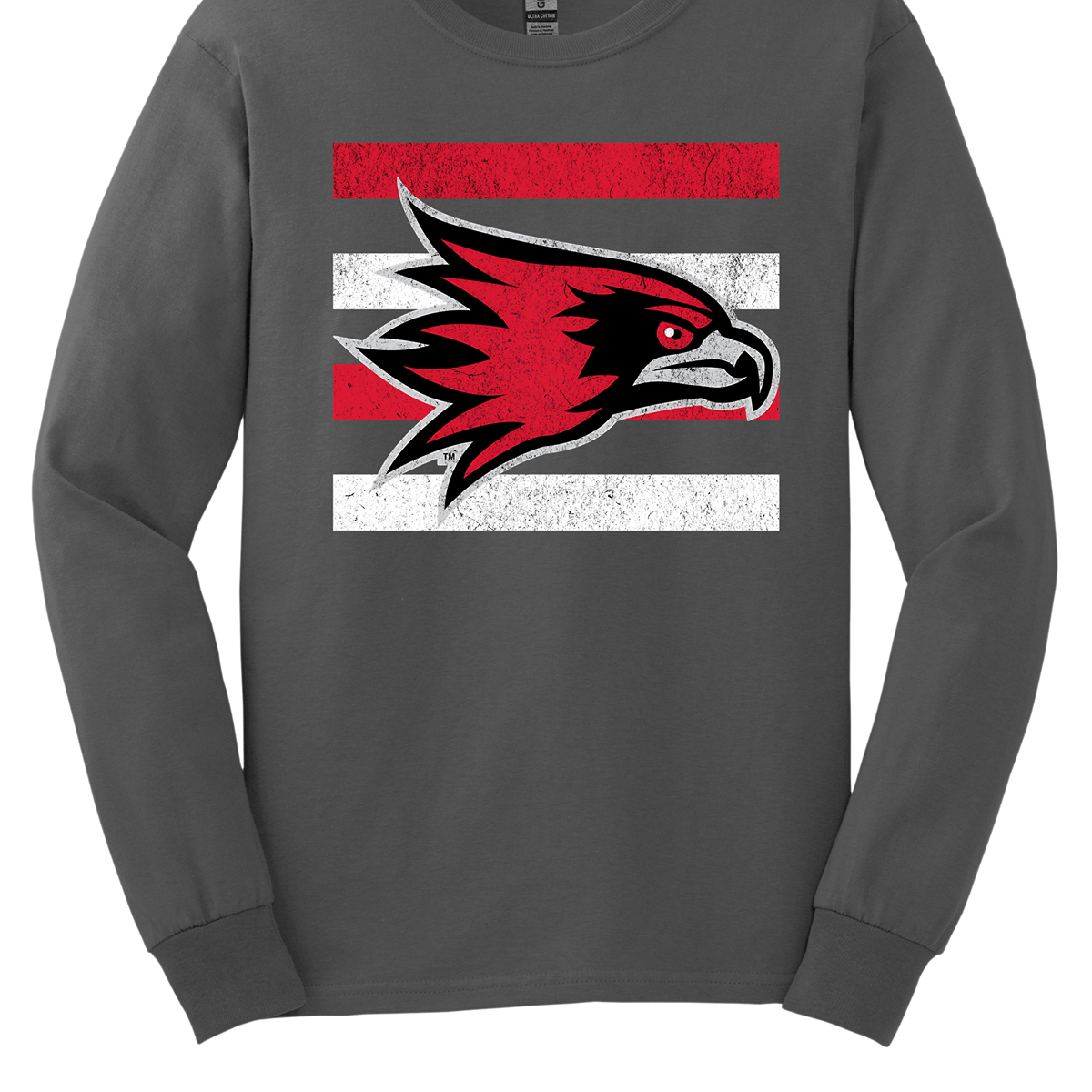 The shirt design features a bold and striking graphic of the SEMO Redhawk mascot, which takes center stage in the composition. The Redhawk is rendered in large, dynamic proportions, commanding attention with its fierce and powerful depiction. It is placed prominently against a backdrop of alternating horizontal bars, each separated by a thin space. The bars are layered in a staggered pattern, giving the entire design a worn-in, vintage aesthetic. Shop at Gorgeousware.com