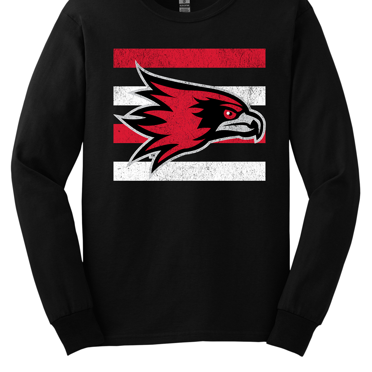 The shirt design features a bold and striking graphic of the SEMO Redhawk mascot, which takes center stage in the composition. The Redhawk is rendered in large, dynamic proportions, commanding attention with its fierce and powerful depiction. It is placed prominently against a backdrop of alternating horizontal bars, each separated by a thin space. The bars are layered in a staggered pattern, giving the entire design a worn-in, vintage aesthetic. Shop at Gorgeousware.com