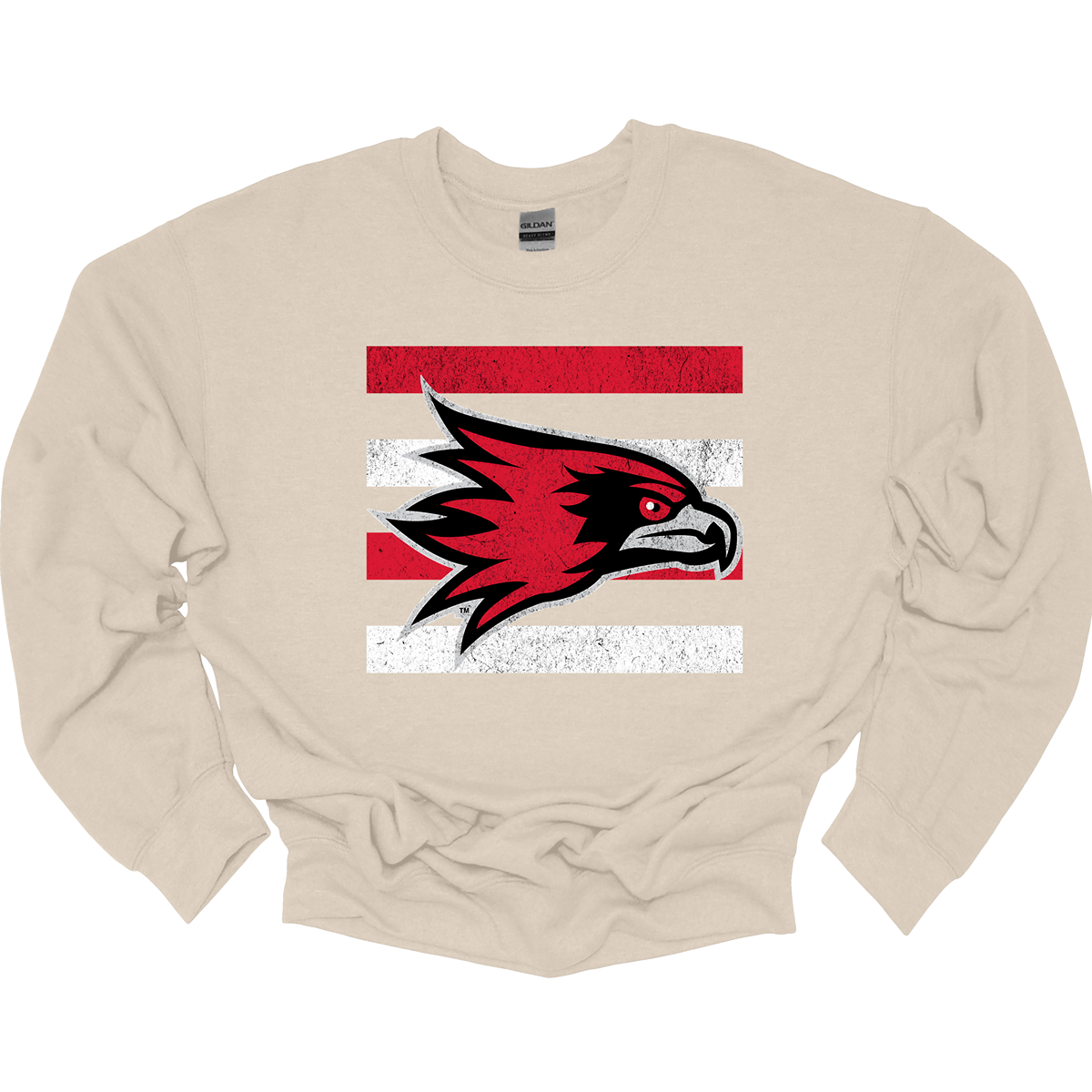 The shirt design features a bold and striking graphic of the SEMO Redhawk mascot, which takes center stage in the composition. The Redhawk is rendered in large, dynamic proportions, commanding attention with its fierce and powerful depiction. It is placed prominently against a backdrop of alternating horizontal bars, each separated by a thin space. The bars are layered in a staggered pattern, giving the entire design a worn-in, vintage aesthetic. Shop at Gorgeousware.com