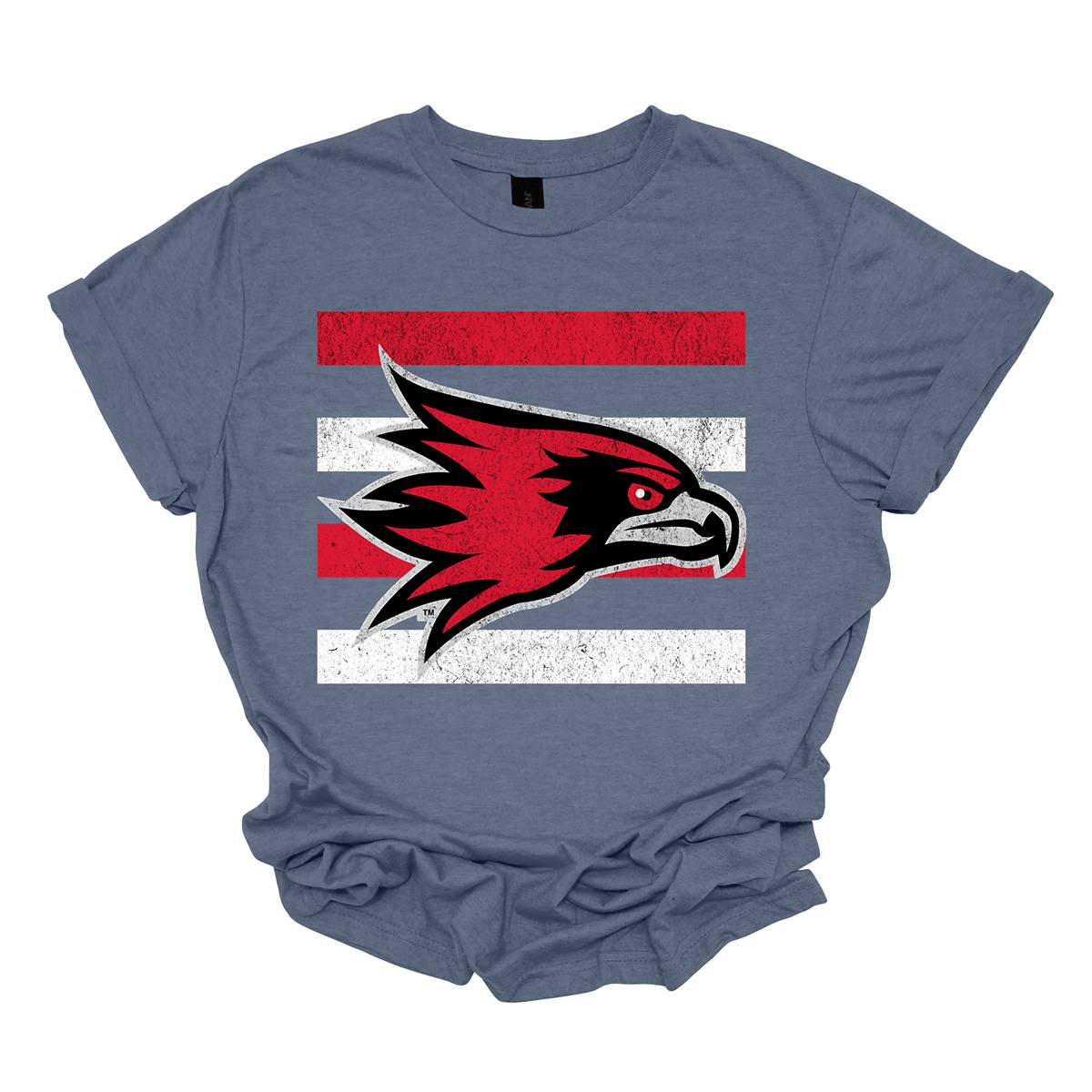 The shirt design features a bold and striking graphic of the SEMO Redhawk mascot, which takes center stage in the composition. The Redhawk is rendered in large, dynamic proportions, commanding attention with its fierce and powerful depiction. It is placed prominently against a backdrop of alternating horizontal bars, each separated by a thin space. The bars are layered in a staggered pattern, giving the entire design a worn-in, vintage aesthetic. Shop at Gorgeousware.com