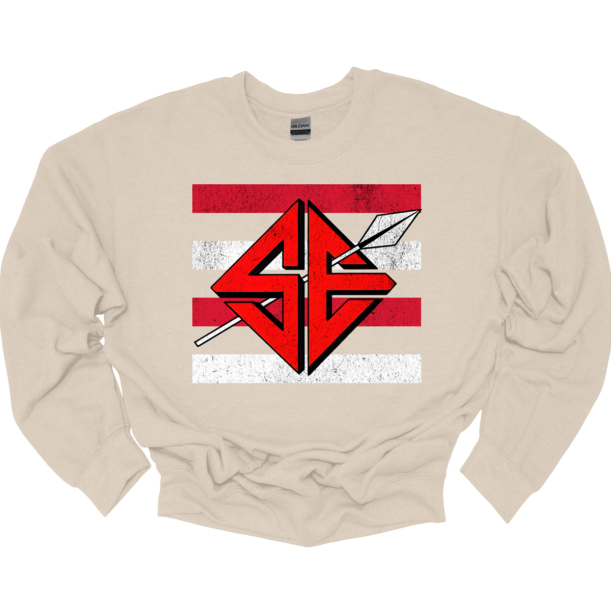 The shirt design features a bold and striking graphic of the SEMO Sagamore SE logo, which takes center stage in the composition. The SE is rendered in large, dynamic proportions, commanding attention with its fierce and powerful depiction. It is placed prominently against a backdrop of alternating horizontal bars, each separated by a thin space. The bars are layered in a staggered pattern, giving the entire design a worn-in, vintage aesthetic. Shop at Gorgousware.com