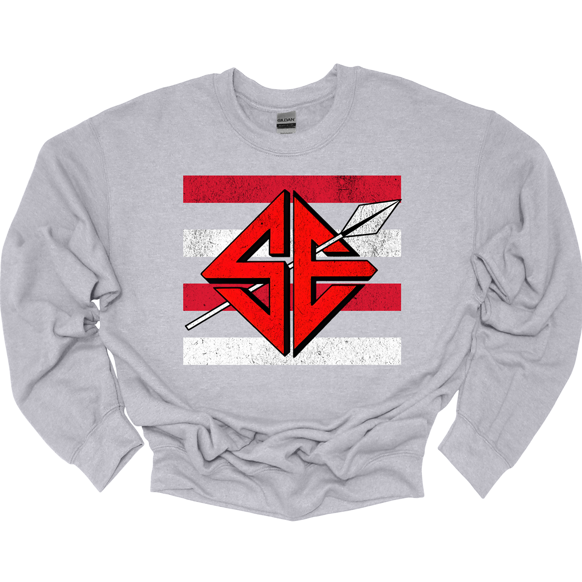 The shirt design features a bold and striking graphic of the SEMO Sagamore SE logo, which takes center stage in the composition. The SE is rendered in large, dynamic proportions, commanding attention with its fierce and powerful depiction. It is placed prominently against a backdrop of alternating horizontal bars, each separated by a thin space. The bars are layered in a staggered pattern, giving the entire design a worn-in, vintage aesthetic. Shop at Gorgousware.com