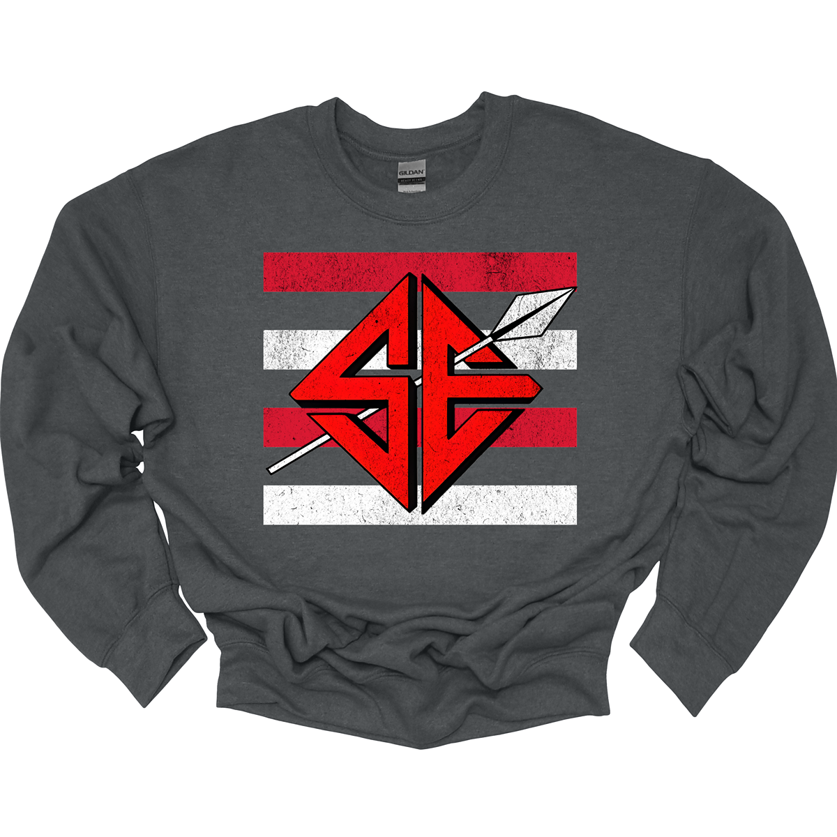 The shirt design features a bold and striking graphic of the SEMO Sagamore SE logo, which takes center stage in the composition. The SE is rendered in large, dynamic proportions, commanding attention with its fierce and powerful depiction. It is placed prominently against a backdrop of alternating horizontal bars, each separated by a thin space. The bars are layered in a staggered pattern, giving the entire design a worn-in, vintage aesthetic. Shop at Gorgousware.com