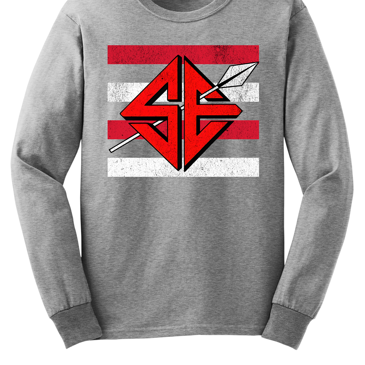 The shirt design features a bold and striking graphic of the SEMO Sagamore SE logo, which takes center stage in the composition. The SE is rendered in large, dynamic proportions, commanding attention with its fierce and powerful depiction. It is placed prominently against a backdrop of alternating horizontal bars, each separated by a thin space. The bars are layered in a staggered pattern, giving the entire design a worn-in, vintage aesthetic. Shop at Gorgeousware.com