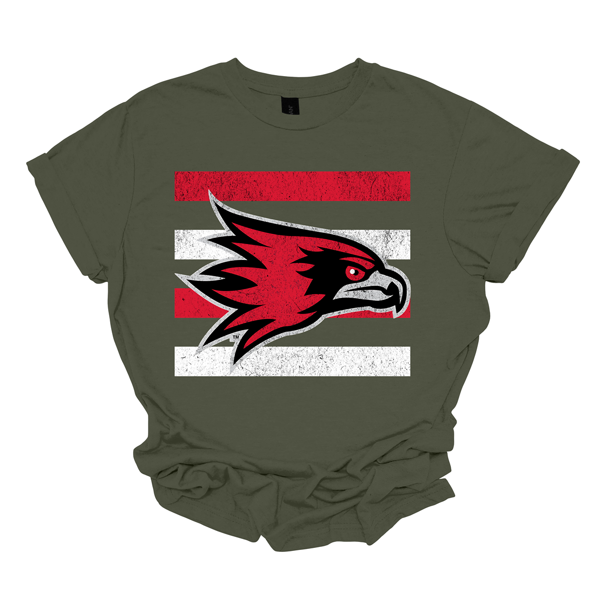 The shirt design features a bold and striking graphic of the SEMO Redhawk mascot, which takes center stage in the composition. The Redhawk is rendered in large, dynamic proportions, commanding attention with its fierce and powerful depiction. It is placed prominently against a backdrop of alternating horizontal bars, each separated by a thin space. The bars are layered in a staggered pattern, giving the entire design a worn-in, vintage aesthetic. Shop at Gorgeousware.com