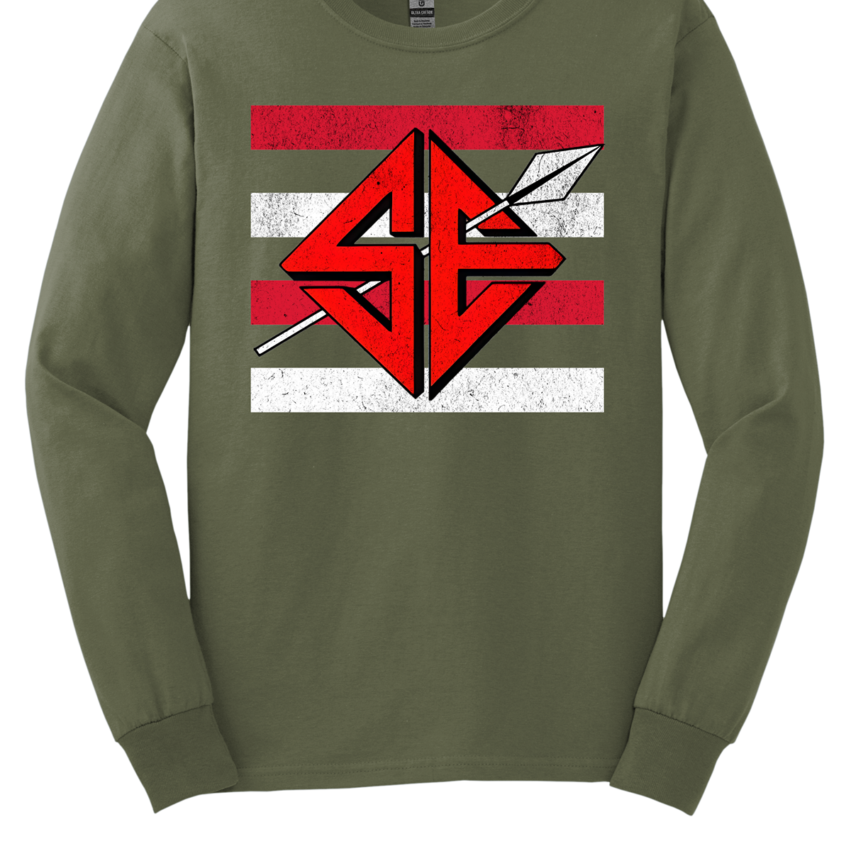 The shirt design features a bold and striking graphic of the SEMO Sagamore SE logo, which takes center stage in the composition. The SE is rendered in large, dynamic proportions, commanding attention with its fierce and powerful depiction. It is placed prominently against a backdrop of alternating horizontal bars, each separated by a thin space. The bars are layered in a staggered pattern, giving the entire design a worn-in, vintage aesthetic. Shop at Gorgeousware.com