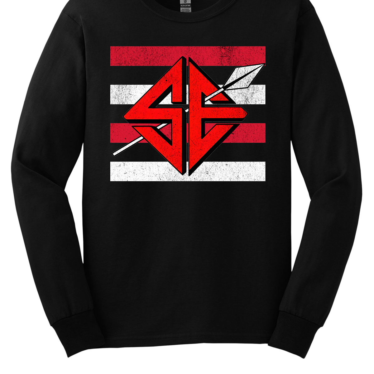 The shirt design features a bold and striking graphic of the SEMO Sagamore SE logo, which takes center stage in the composition. The SE is rendered in large, dynamic proportions, commanding attention with its fierce and powerful depiction. It is placed prominently against a backdrop of alternating horizontal bars, each separated by a thin space. The bars are layered in a staggered pattern, giving the entire design a worn-in, vintage aesthetic. Shop at Gorgeousware.com