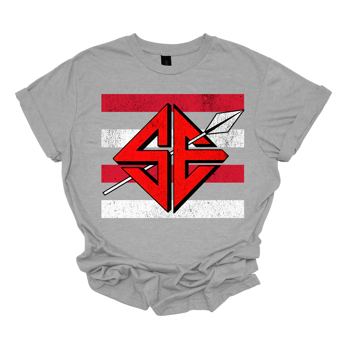 The shirt design features a bold and striking graphic of the SEMO Redhawk mascot, which takes center stage in the composition. The Redhawk is rendered in large, dynamic proportions, commanding attention with its fierce and powerful depiction. It is placed prominently against a backdrop of alternating horizontal bars, each separated by a thin space. The bars are layered in a staggered pattern, giving the entire design a worn-in, vintage aesthetic. Shop at Gorgeousware.com