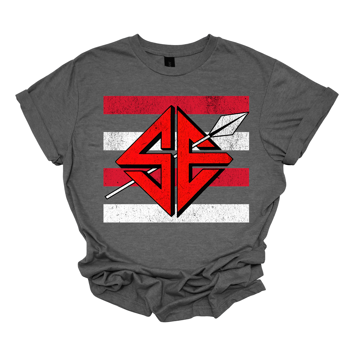 The shirt design features a bold and striking graphic of the SEMO Redhawk mascot, which takes center stage in the composition. The Redhawk is rendered in large, dynamic proportions, commanding attention with its fierce and powerful depiction. It is placed prominently against a backdrop of alternating horizontal bars, each separated by a thin space. The bars are layered in a staggered pattern, giving the entire design a worn-in, vintage aesthetic. Shop at Gorgeousware.com