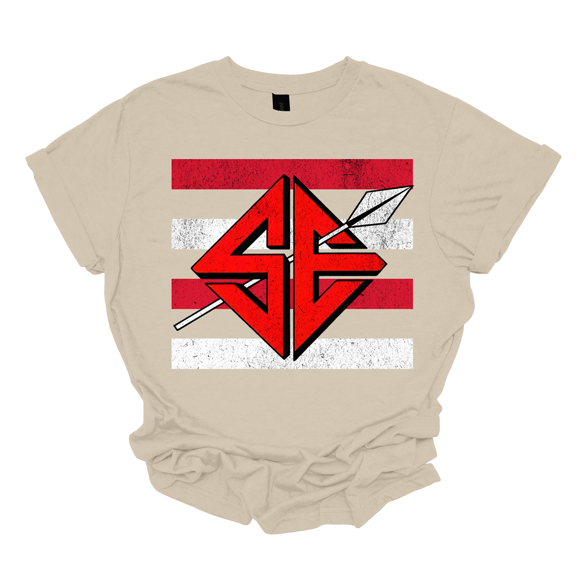 The shirt design features a bold and striking graphic of the SEMO Redhawk mascot, which takes center stage in the composition. The Redhawk is rendered in large, dynamic proportions, commanding attention with its fierce and powerful depiction. It is placed prominently against a backdrop of alternating horizontal bars, each separated by a thin space. The bars are layered in a staggered pattern, giving the entire design a worn-in, vintage aesthetic. Shop at Gorgeousware.com