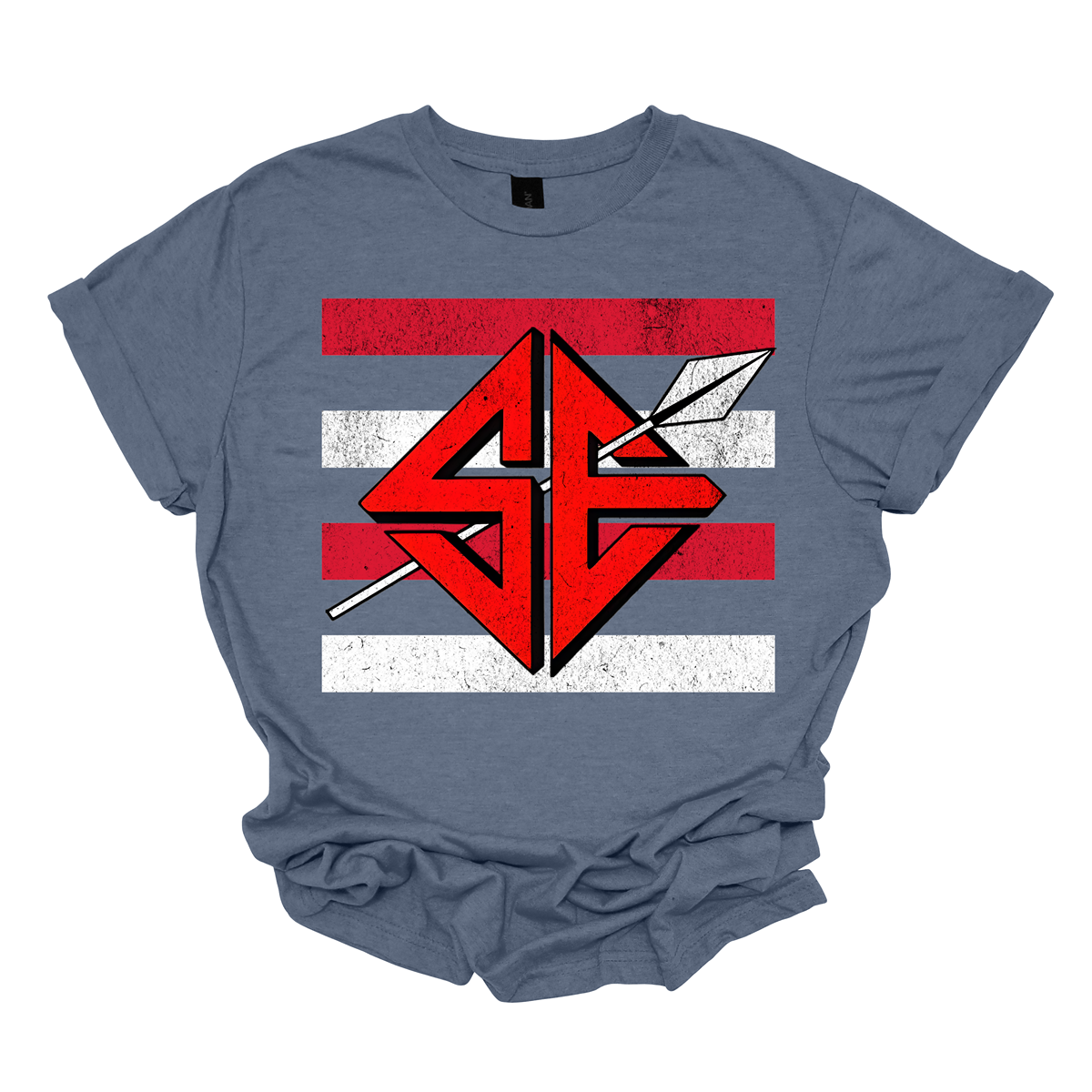 The shirt design features a bold and striking graphic of the SEMO Redhawk mascot, which takes center stage in the composition. The Redhawk is rendered in large, dynamic proportions, commanding attention with its fierce and powerful depiction. It is placed prominently against a backdrop of alternating horizontal bars, each separated by a thin space. The bars are layered in a staggered pattern, giving the entire design a worn-in, vintage aesthetic. Shop at Gorgeousware.com