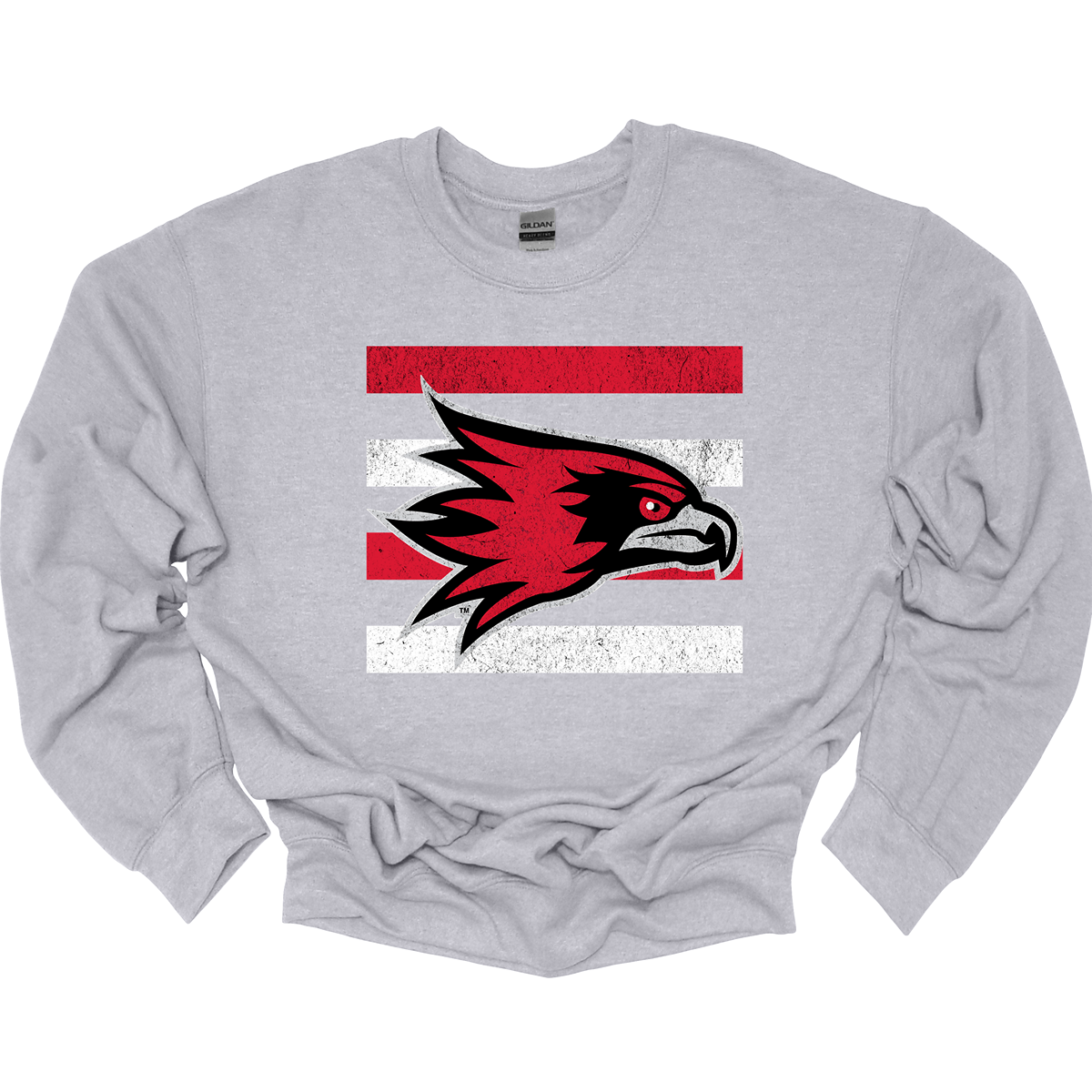 The shirt design features a bold and striking graphic of the SEMO Redhawk mascot, which takes center stage in the composition. The Redhawk is rendered in large, dynamic proportions, commanding attention with its fierce and powerful depiction. It is placed prominently against a backdrop of alternating horizontal bars, each separated by a thin space. The bars are layered in a staggered pattern, giving the entire design a worn-in, vintage aesthetic. Shop at Gorgeousware.com