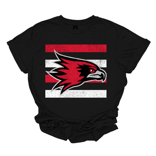 The shirt design features a bold and striking graphic of the SEMO Redhawk mascot, which takes center stage in the composition. The Redhawk is rendered in large, dynamic proportions, commanding attention with its fierce and powerful depiction. It is placed prominently against a backdrop of alternating horizontal bars, each separated by a thin space. The bars are layered in a staggered pattern, giving the entire design a worn-in, vintage aesthetic. Shop at Gorgeousware.com