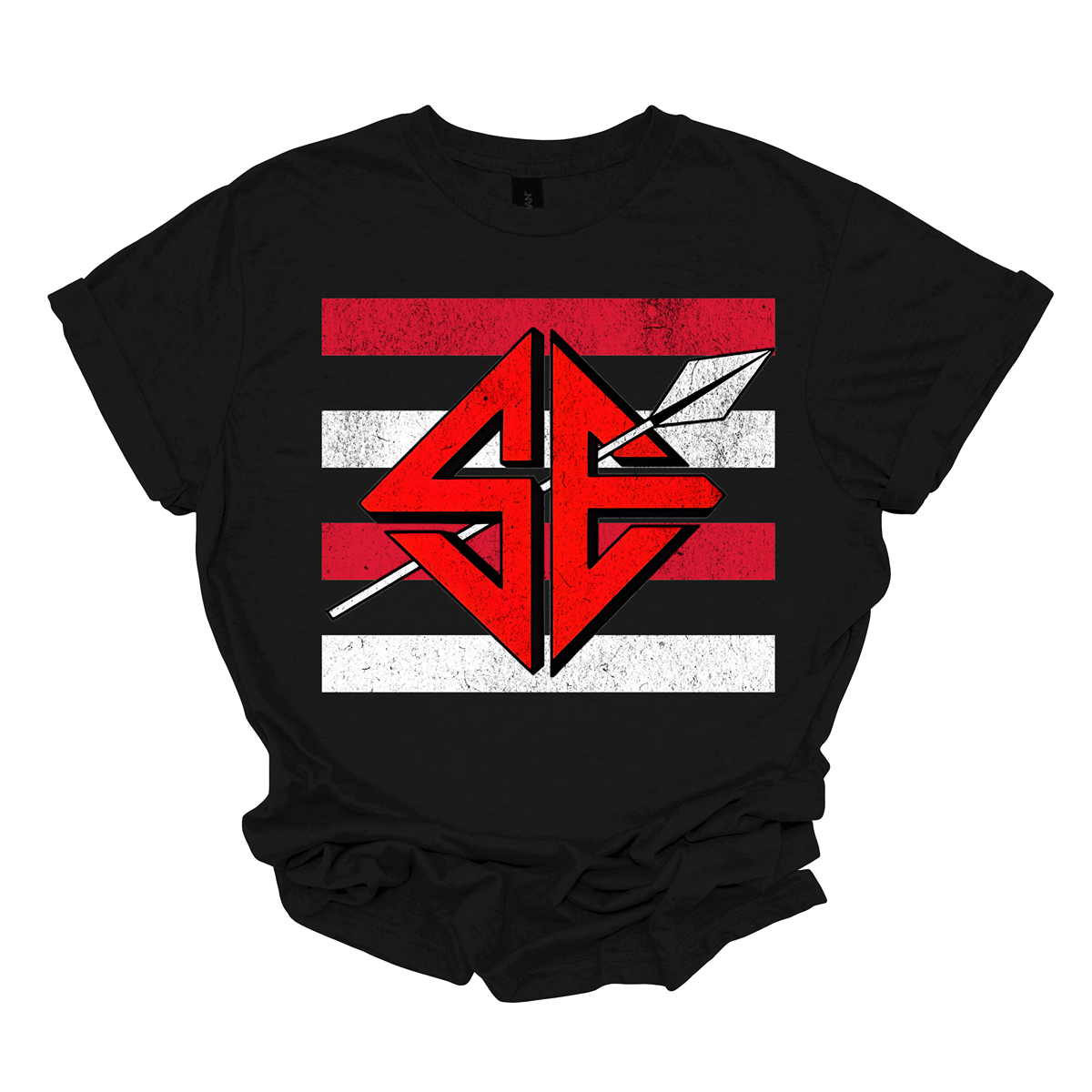 The shirt design features a bold and striking graphic of the SEMO Redhawk mascot, which takes center stage in the composition. The Redhawk is rendered in large, dynamic proportions, commanding attention with its fierce and powerful depiction. It is placed prominently against a backdrop of alternating horizontal bars, each separated by a thin space. The bars are layered in a staggered pattern, giving the entire design a worn-in, vintage aesthetic. Shop at Gorgeousware.com