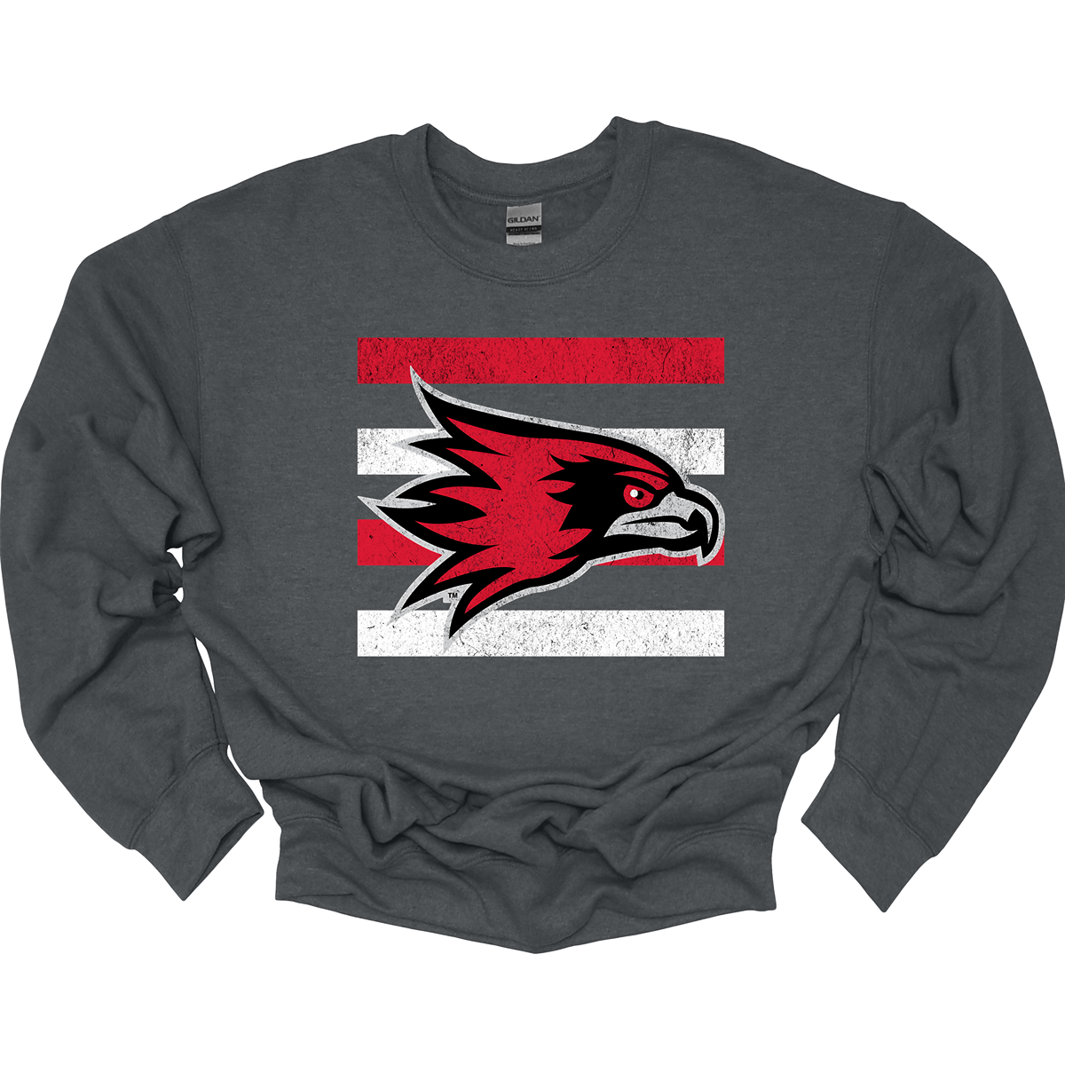 The shirt design features a bold and striking graphic of the SEMO Redhawk mascot, which takes center stage in the composition. The Redhawk is rendered in large, dynamic proportions, commanding attention with its fierce and powerful depiction. It is placed prominently against a backdrop of alternating horizontal bars, each separated by a thin space. The bars are layered in a staggered pattern, giving the entire design a worn-in, vintage aesthetic. Shop at Gorgeousware.com