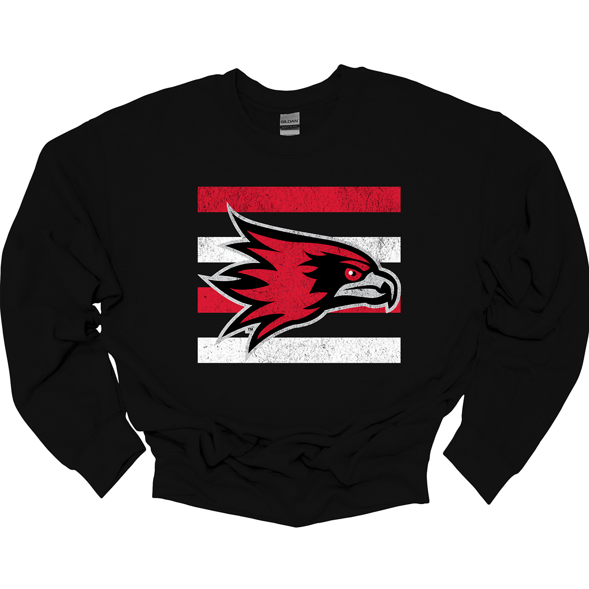 The shirt design features a bold and striking graphic of the SEMO Redhawk mascot, which takes center stage in the composition. The Redhawk is rendered in large, dynamic proportions, commanding attention with its fierce and powerful depiction. It is placed prominently against a backdrop of alternating horizontal bars, each separated by a thin space. The bars are layered in a staggered pattern, giving the entire design a worn-in, vintage aesthetic. Shop at Gorgeousware.com