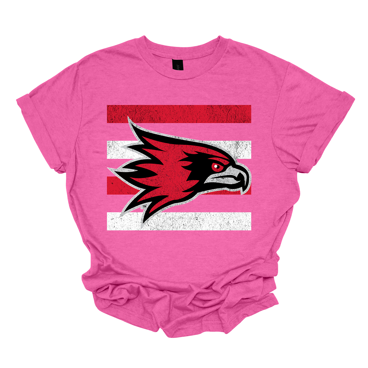 The shirt design features a bold and striking graphic of the SEMO Redhawk mascot, which takes center stage in the composition. The Redhawk is rendered in large, dynamic proportions, commanding attention with its fierce and powerful depiction. It is placed prominently against a backdrop of alternating horizontal bars, each separated by a thin space. The bars are layered in a staggered pattern, giving the entire design a worn-in, vintage aesthetic. Shop at Gorgeousware.com