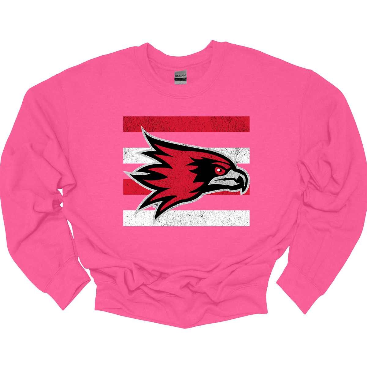 The shirt design features a bold and striking graphic of the SEMO Redhawk mascot, which takes center stage in the composition. The Redhawk is rendered in large, dynamic proportions, commanding attention with its fierce and powerful depiction. It is placed prominently against a backdrop of alternating horizontal bars, each separated by a thin space. The bars are layered in a staggered pattern, giving the entire design a worn-in, vintage aesthetic. Shop at Gorgeousware.com