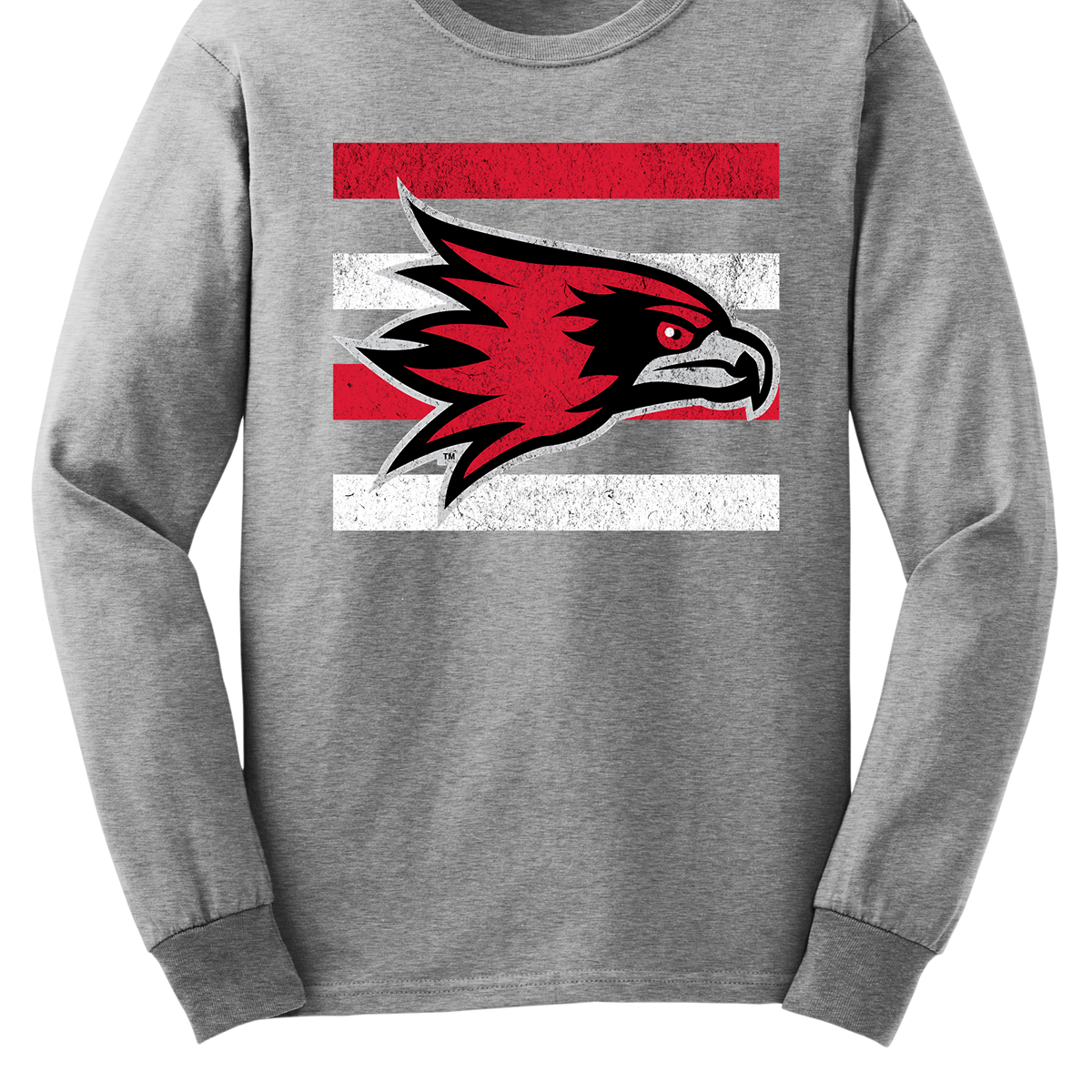 The shirt design features a bold and striking graphic of the SEMO Redhawk mascot, which takes center stage in the composition. The Redhawk is rendered in large, dynamic proportions, commanding attention with its fierce and powerful depiction. It is placed prominently against a backdrop of alternating horizontal bars, each separated by a thin space. The bars are layered in a staggered pattern, giving the entire design a worn-in, vintage aesthetic. Shop at Gorgeousware.com