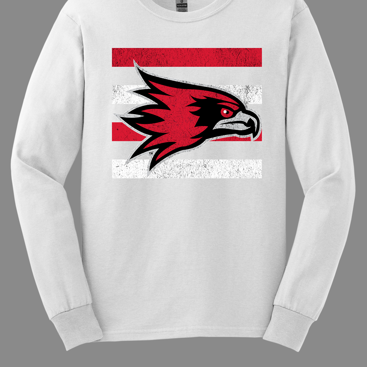 The shirt design features a bold and striking graphic of the SEMO Redhawk mascot, which takes center stage in the composition. The Redhawk is rendered in large, dynamic proportions, commanding attention with its fierce and powerful depiction. It is placed prominently against a backdrop of alternating horizontal bars, each separated by a thin space. The bars are layered in a staggered pattern, giving the entire design a worn-in, vintage aesthetic. Shop at Gorgeousware.com