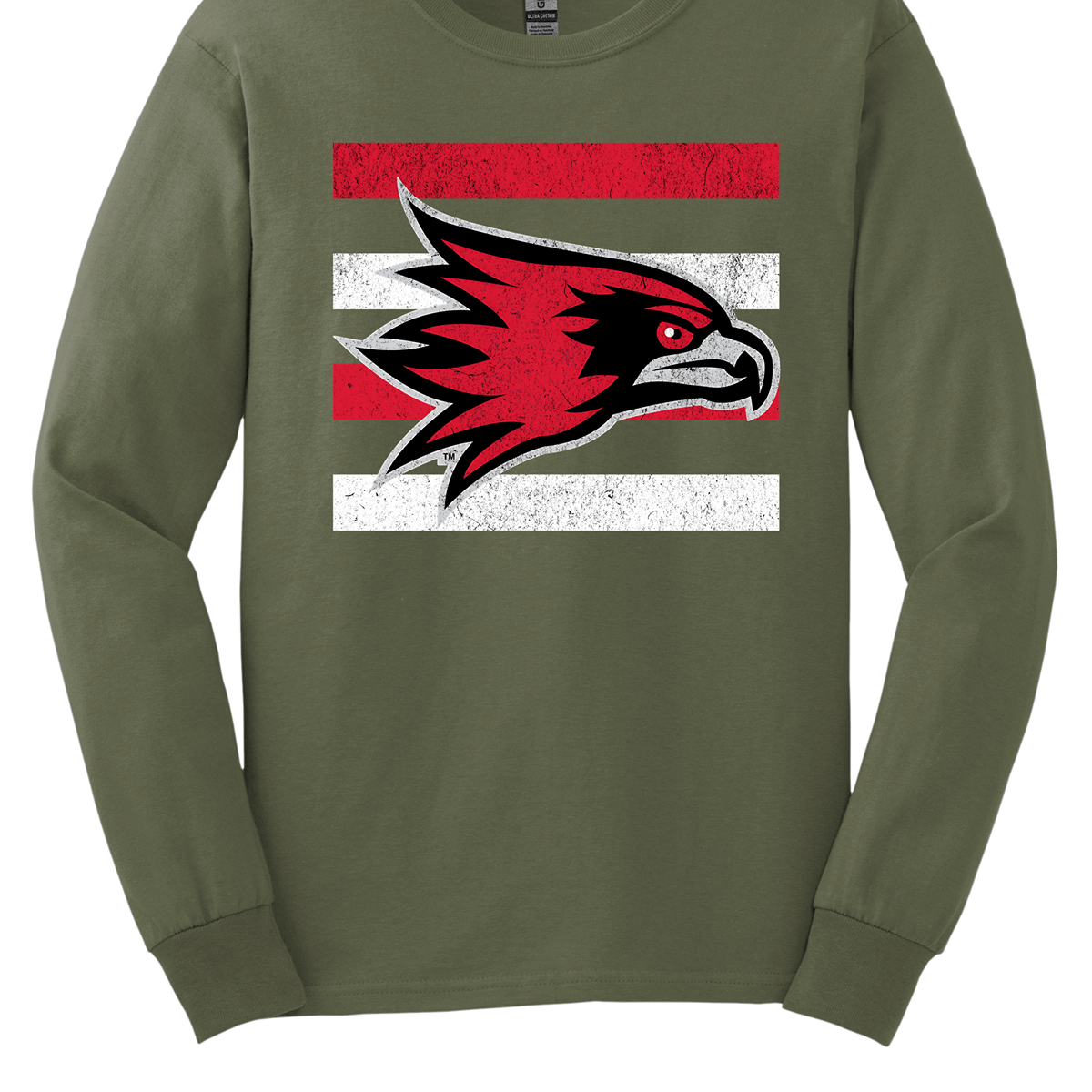 The shirt design features a bold and striking graphic of the SEMO Redhawk mascot, which takes center stage in the composition. The Redhawk is rendered in large, dynamic proportions, commanding attention with its fierce and powerful depiction. It is placed prominently against a backdrop of alternating horizontal bars, each separated by a thin space. The bars are layered in a staggered pattern, giving the entire design a worn-in, vintage aesthetic. Shop at Gorgeousware.com