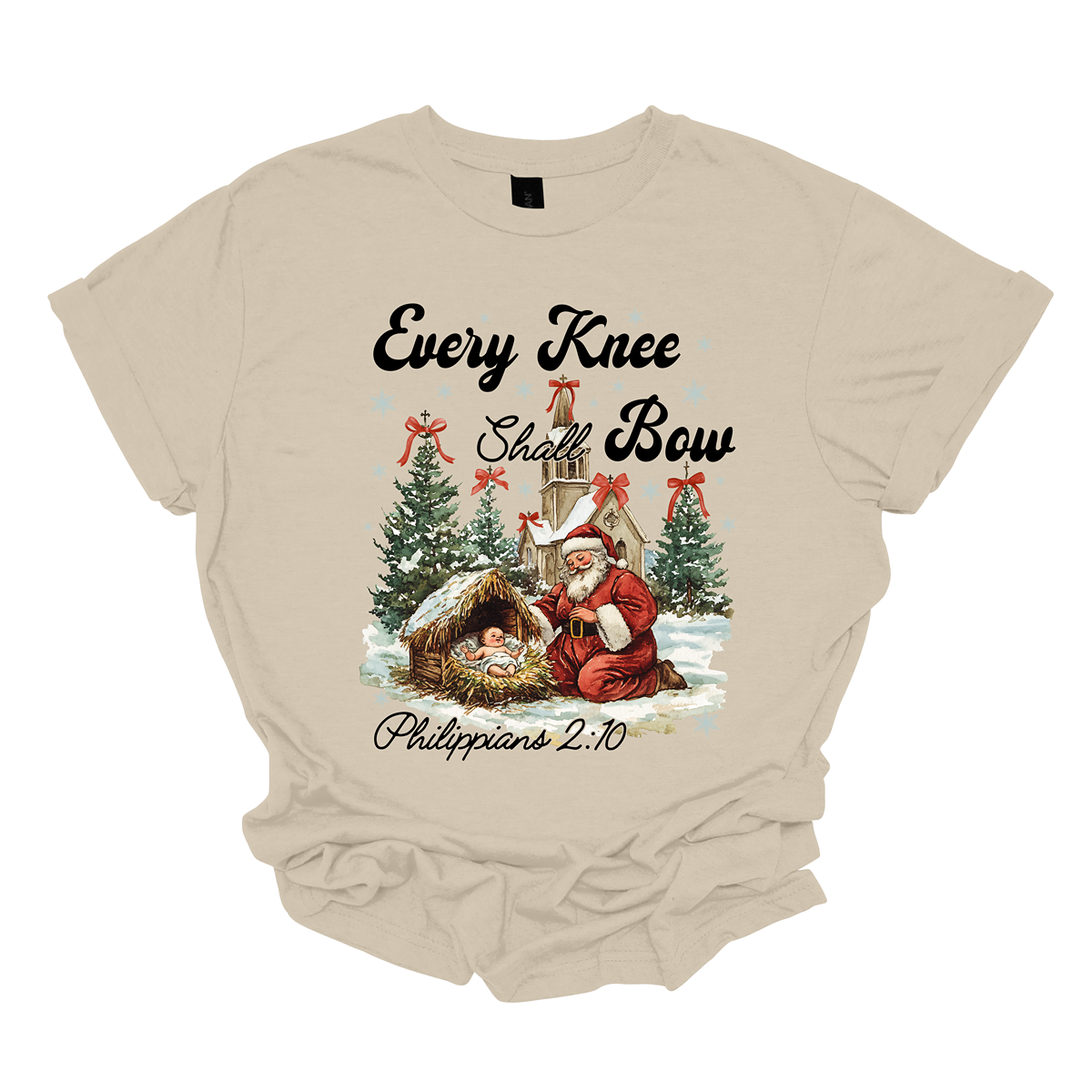 This festive and powerful apparel design features the phrase "Every Knee Shall Bow" in bold, elegant lettering, symbolizing the reverence and humility of the Christmas story. The artwork showcases Santa Claus, traditionally known for his joyful spirit, bowing down in awe before a humble manger that cradles baby Jesus. In the background, an old chapel stands as a symbol of faith, with evergreen trees adorned with festive bows, adding a touch of seasonal beauty and serenity.  Shop at Gorgeousware.com