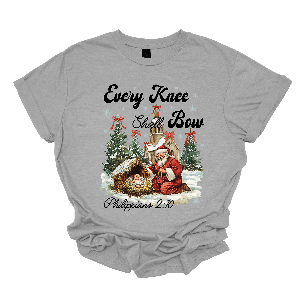 This festive and powerful apparel design features the phrase "Every Knee Shall Bow" in bold, elegant lettering, symbolizing the reverence and humility of the Christmas story. The artwork showcases Santa Claus, traditionally known for his joyful spirit, bowing down in awe before a humble manger that cradles baby Jesus. In the background, an old chapel stands as a symbol of faith, with evergreen trees adorned with festive bows, adding a touch of seasonal beauty and serenity.  Shop at Gorgeousware.com