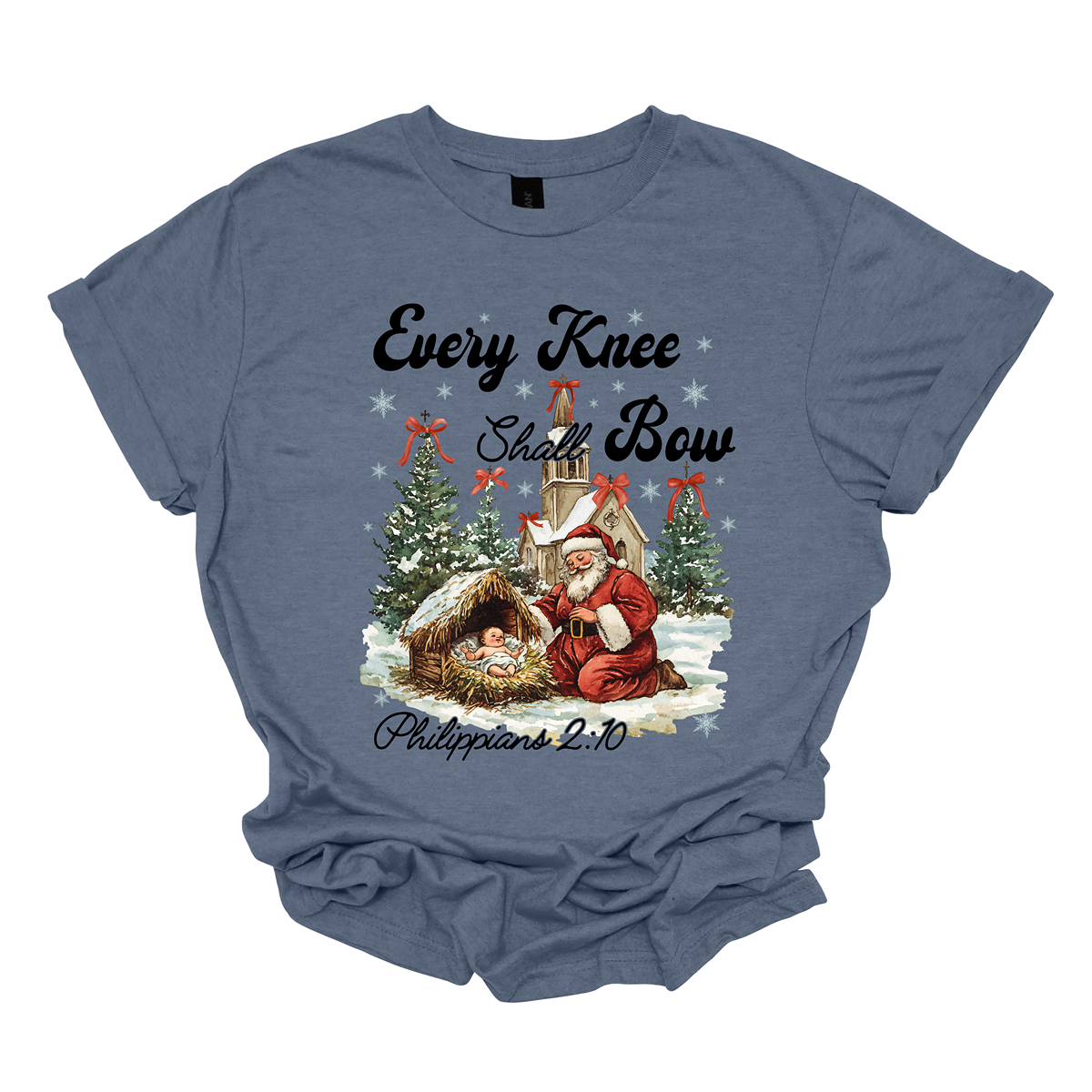 This festive and powerful apparel design features the phrase "Every Knee Shall Bow" in bold, elegant lettering, symbolizing the reverence and humility of the Christmas story. The artwork showcases Santa Claus, traditionally known for his joyful spirit, bowing down in awe before a humble manger that cradles baby Jesus. In the background, an old chapel stands as a symbol of faith, with evergreen trees adorned with festive bows, adding a touch of seasonal beauty and serenity.  Shop at Gorgeousware.com